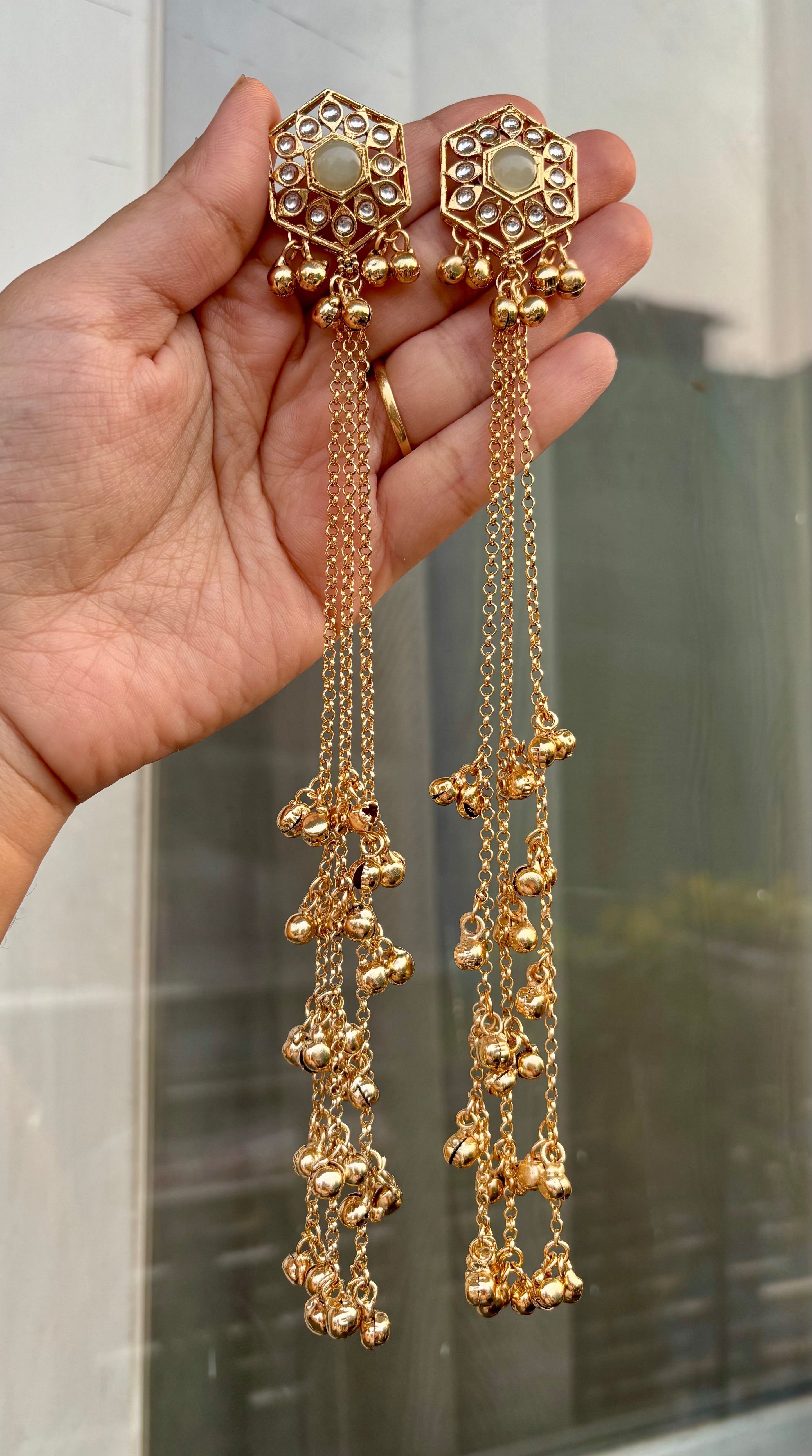 Mint Green Stud Kashmiri Long Layer Ghungroo Earrings