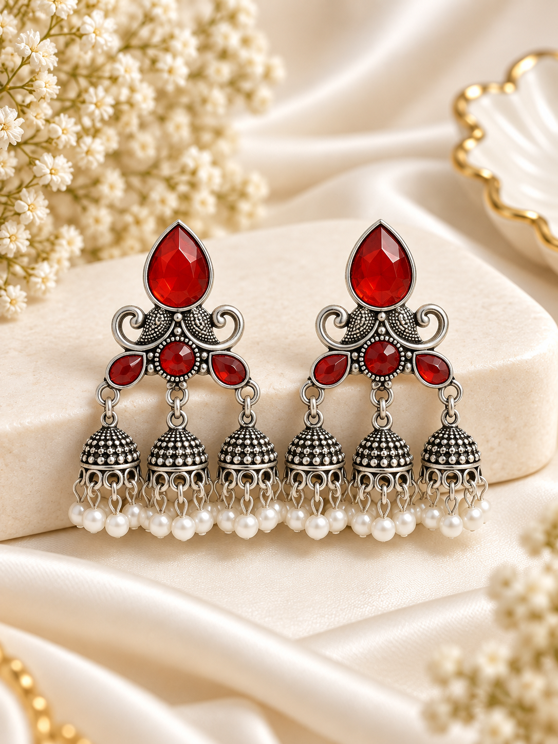 Dipti 3 Jhumki Touch Silver Earrings (Red)