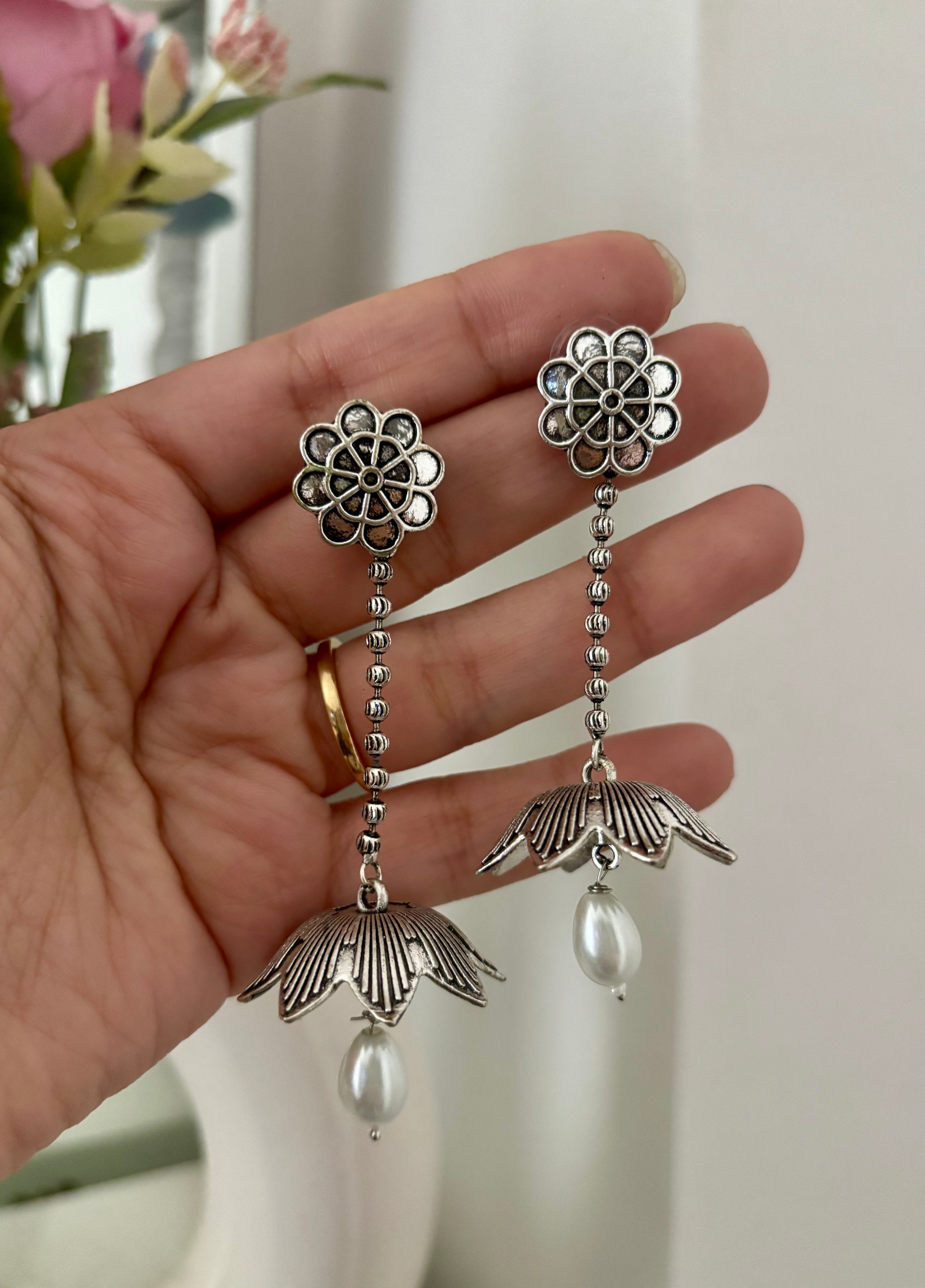 Silver Daisy Long Jhumki