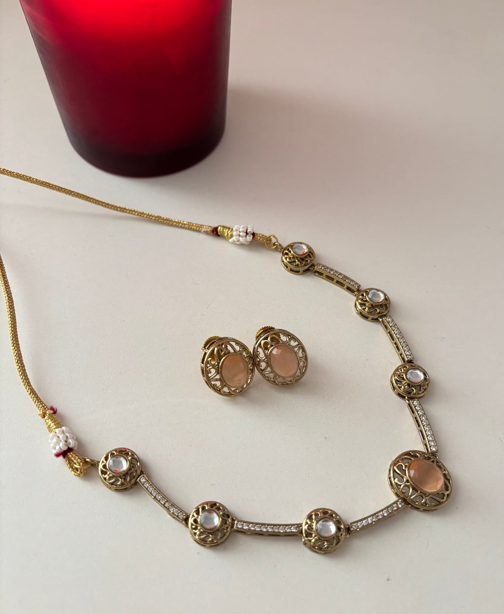 Premium Doublet & Polki Work Necklace With Studs (Peach)