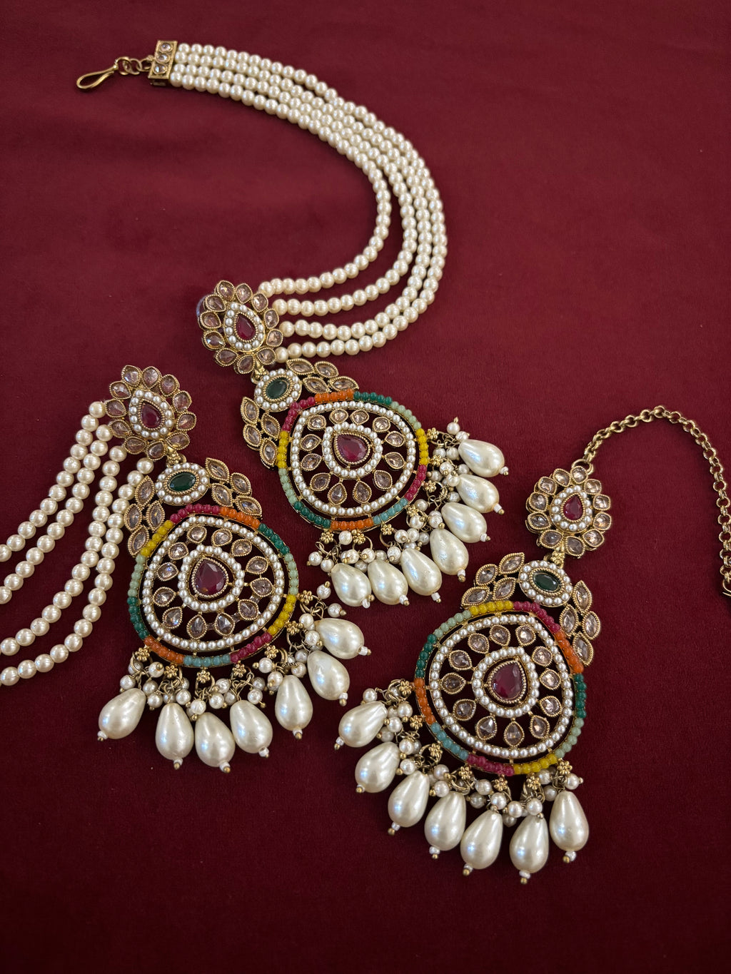 Leena High Quality Designer Jadau Multi Mang Tikka With Earrings In Layers With Side Layers