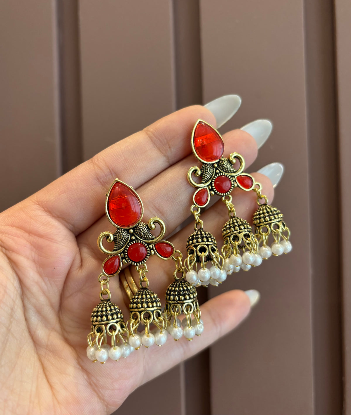 Dipti 3 Jhumki Touch Earrings (Red)