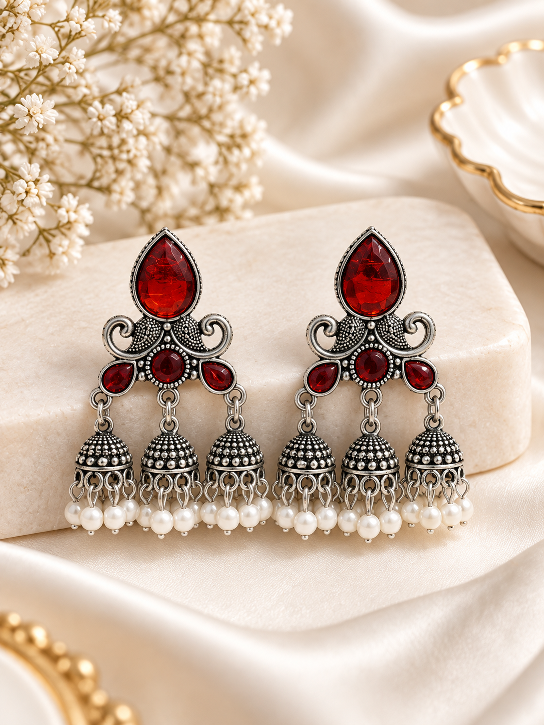 Dipti 3 Jhumki Touch Silver Earrings (Maroon)