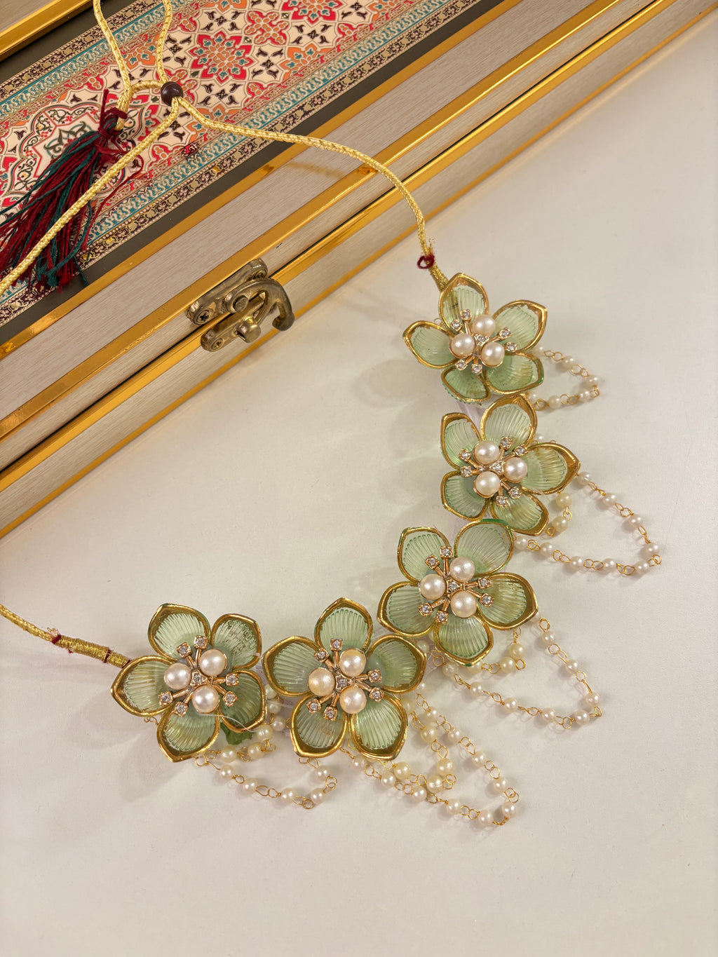 Flower Petal Floral Necklace With Mang Tikka & Earrings (Mint)