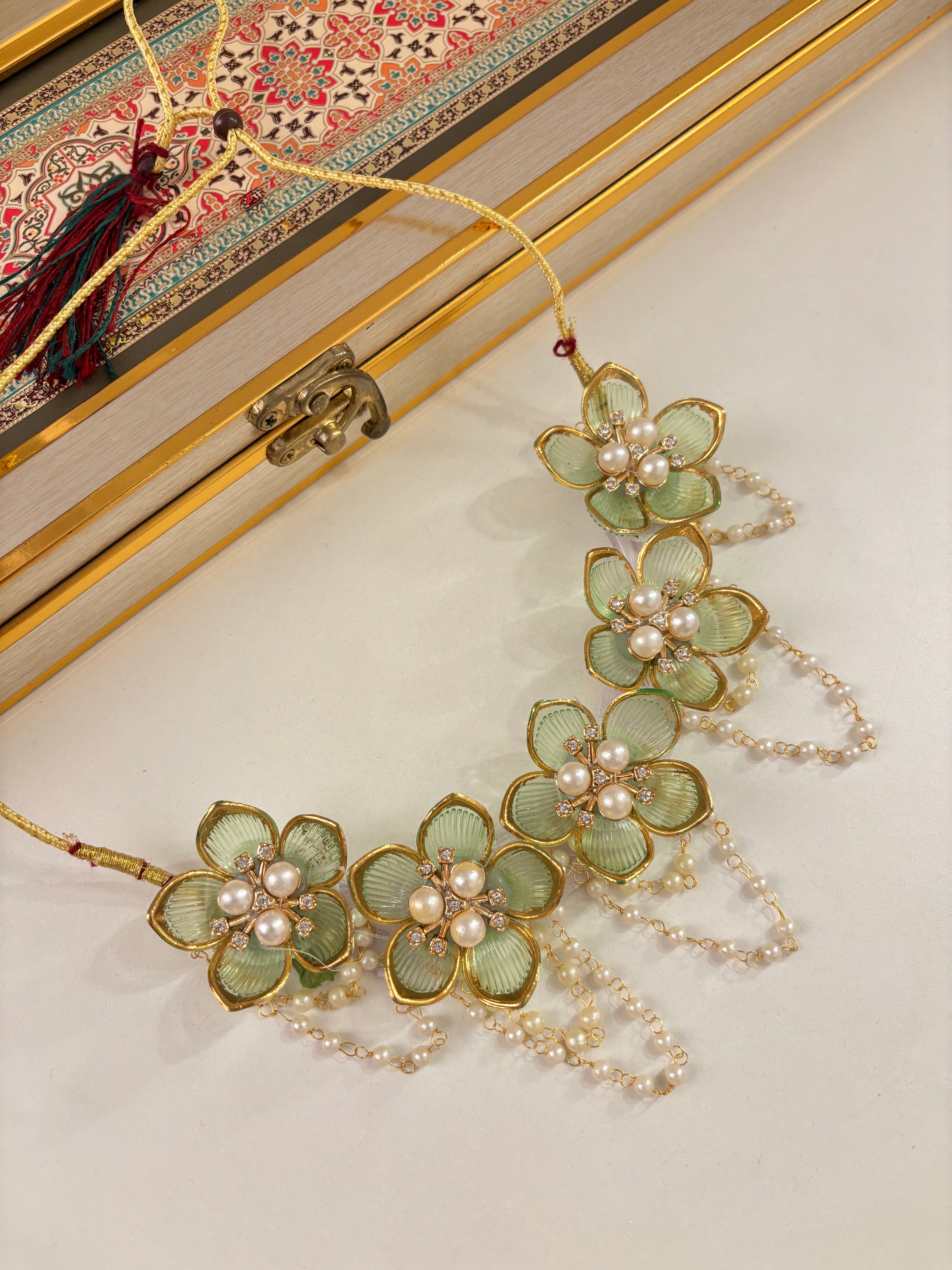 Flower Petal Floral Necklace With Mang Tikka & Earrings (Mint)