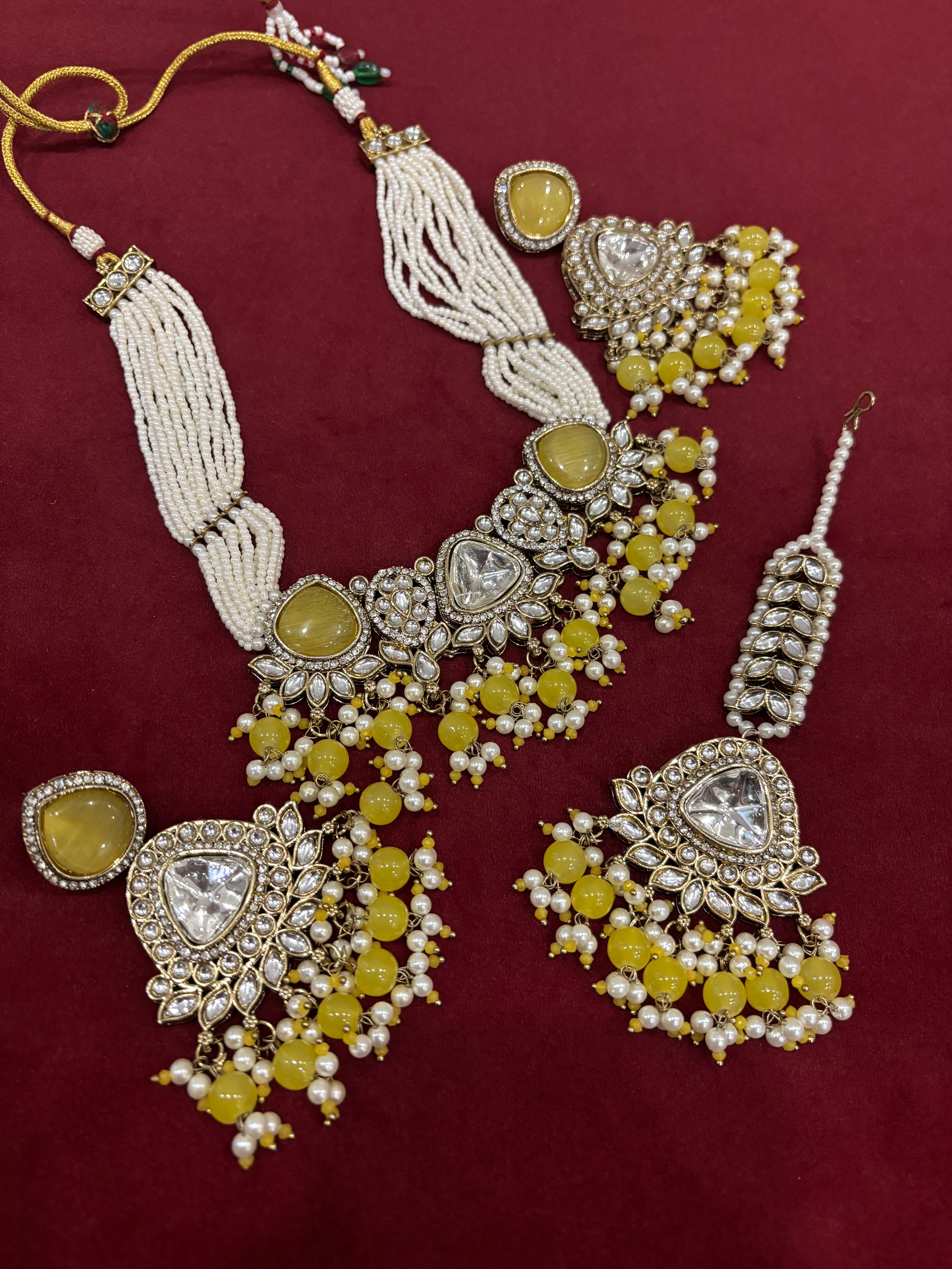 Yellow Navneet Heavy Look Choker Set With Mang Tikka & Earrings