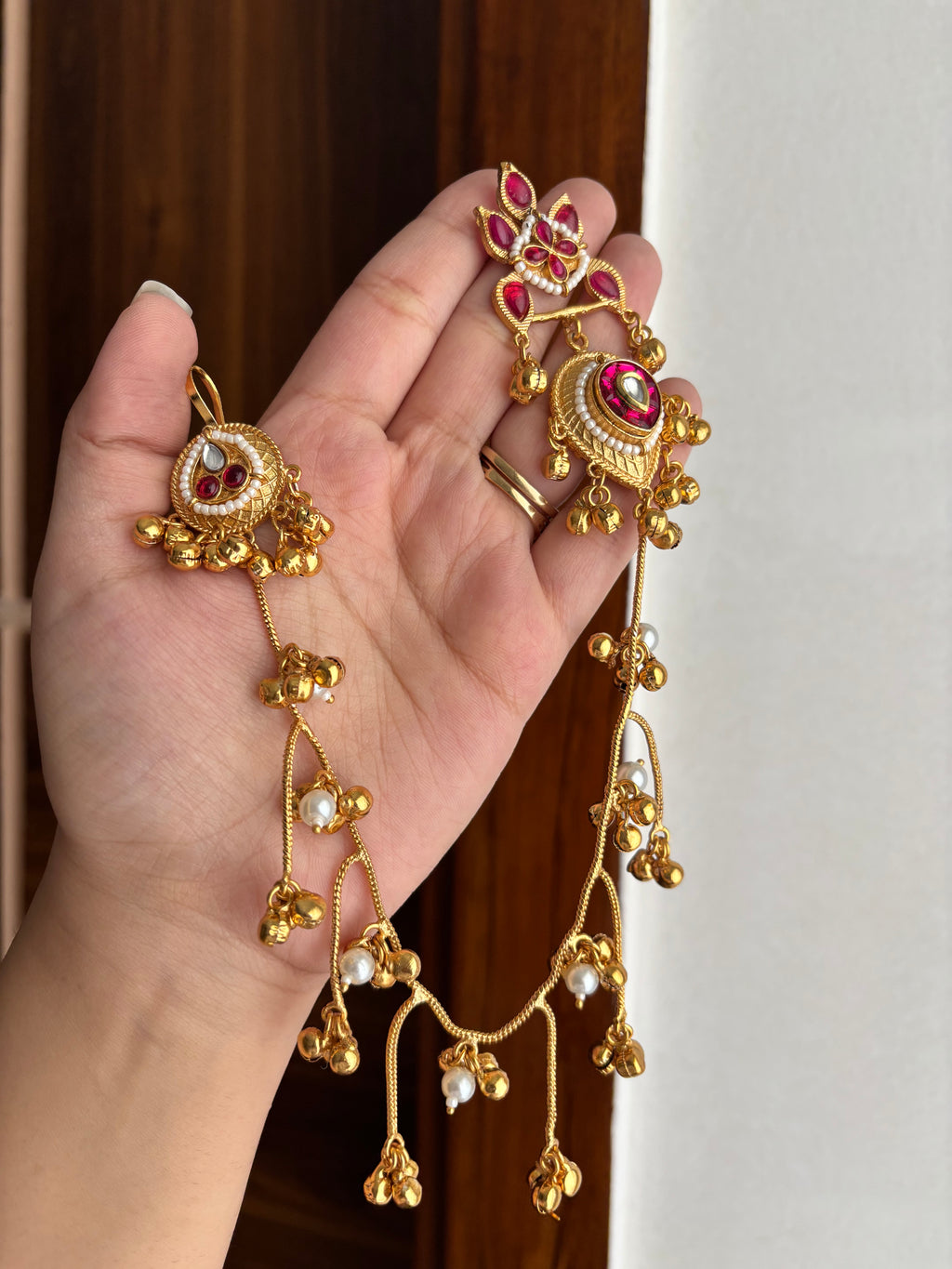 Noor Brass Earrings With Side Layers (Maroon)