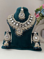 High Quality Designer Heavy Look Necklace With Mang Tikka & Long Earrings (Navy Blue)