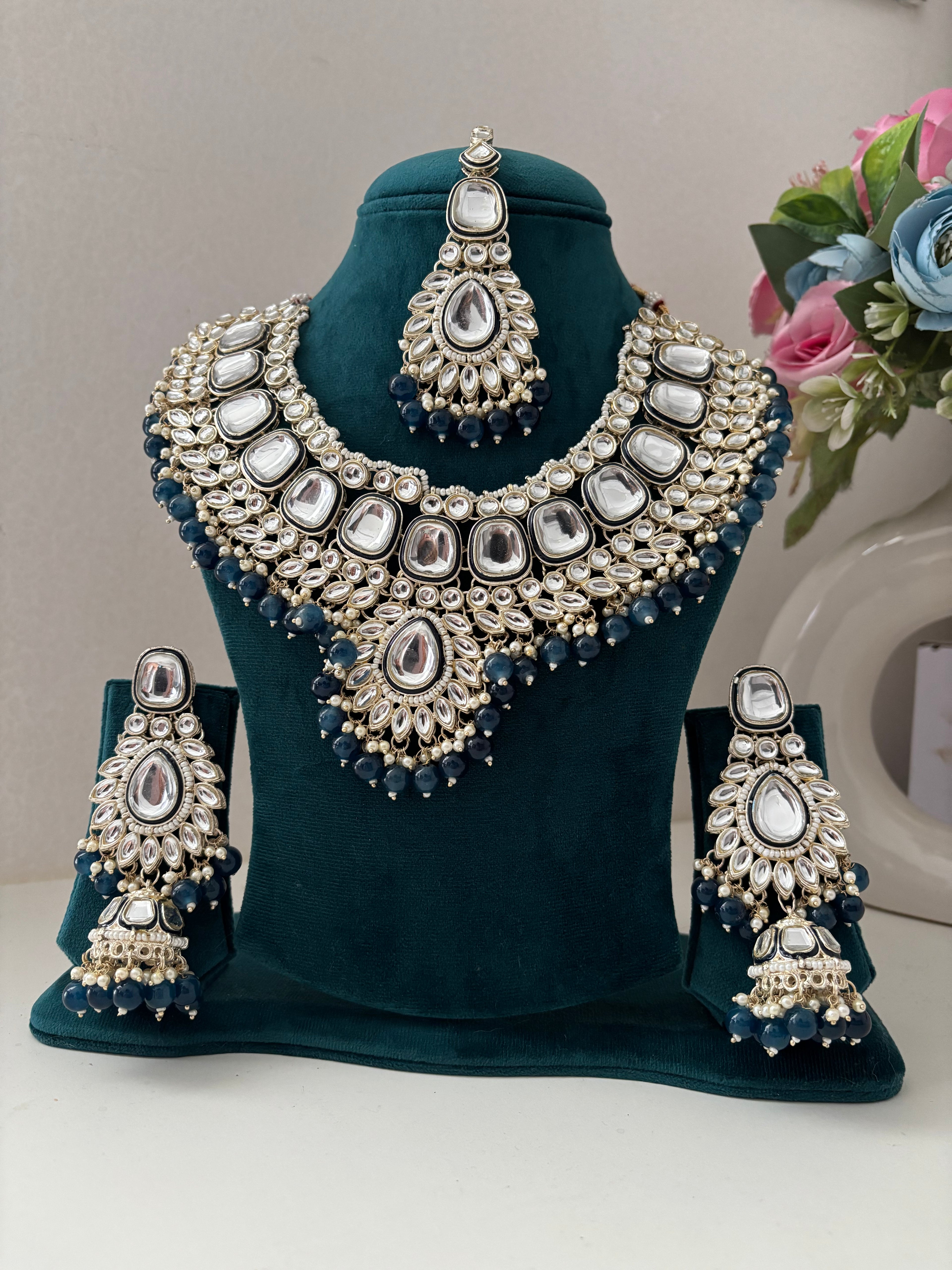 High Quality Designer Heavy Look Necklace With Mang Tikka & Long Earrings (Navy Blue)