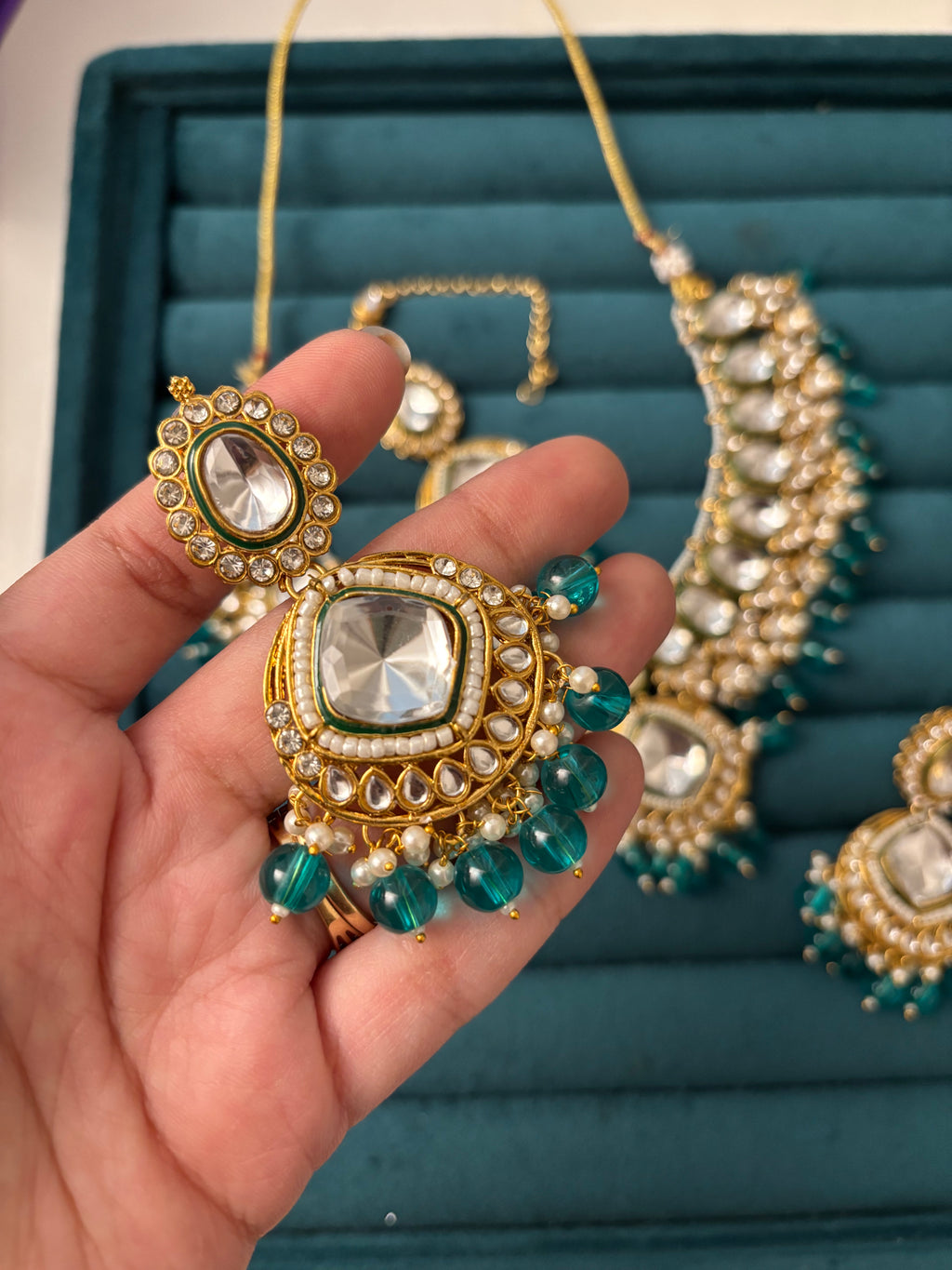 Teal Blue Kundan Dupe Necklace With Mang Tikka & Earrings