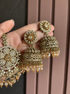 High Quality Designer Flower Mang Tikka & Jhumki ( Champagne)