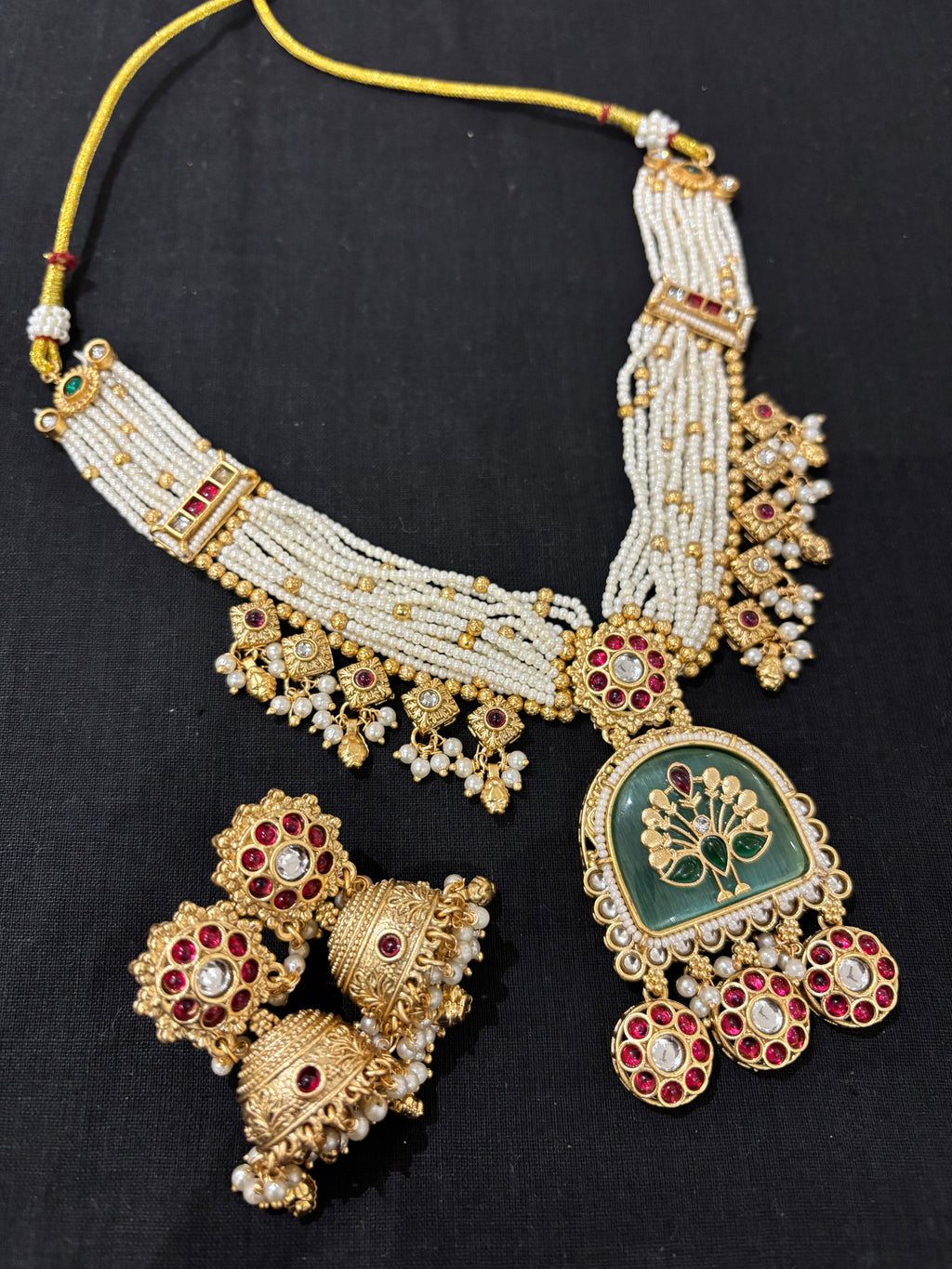 High Quality Designer Heritage Classy Necklace With Jhumkas ( Turquoise)