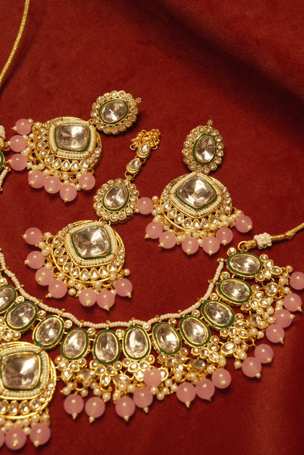 Lavender Kundan Dupe Necklace With Mang Tikka & Earrings