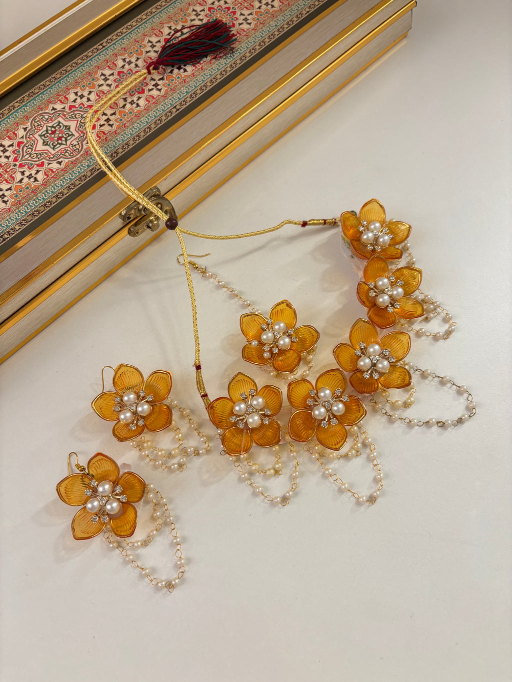 Flower Petal Floral Necklace With Mang Tikka & Earrings (Yellow)