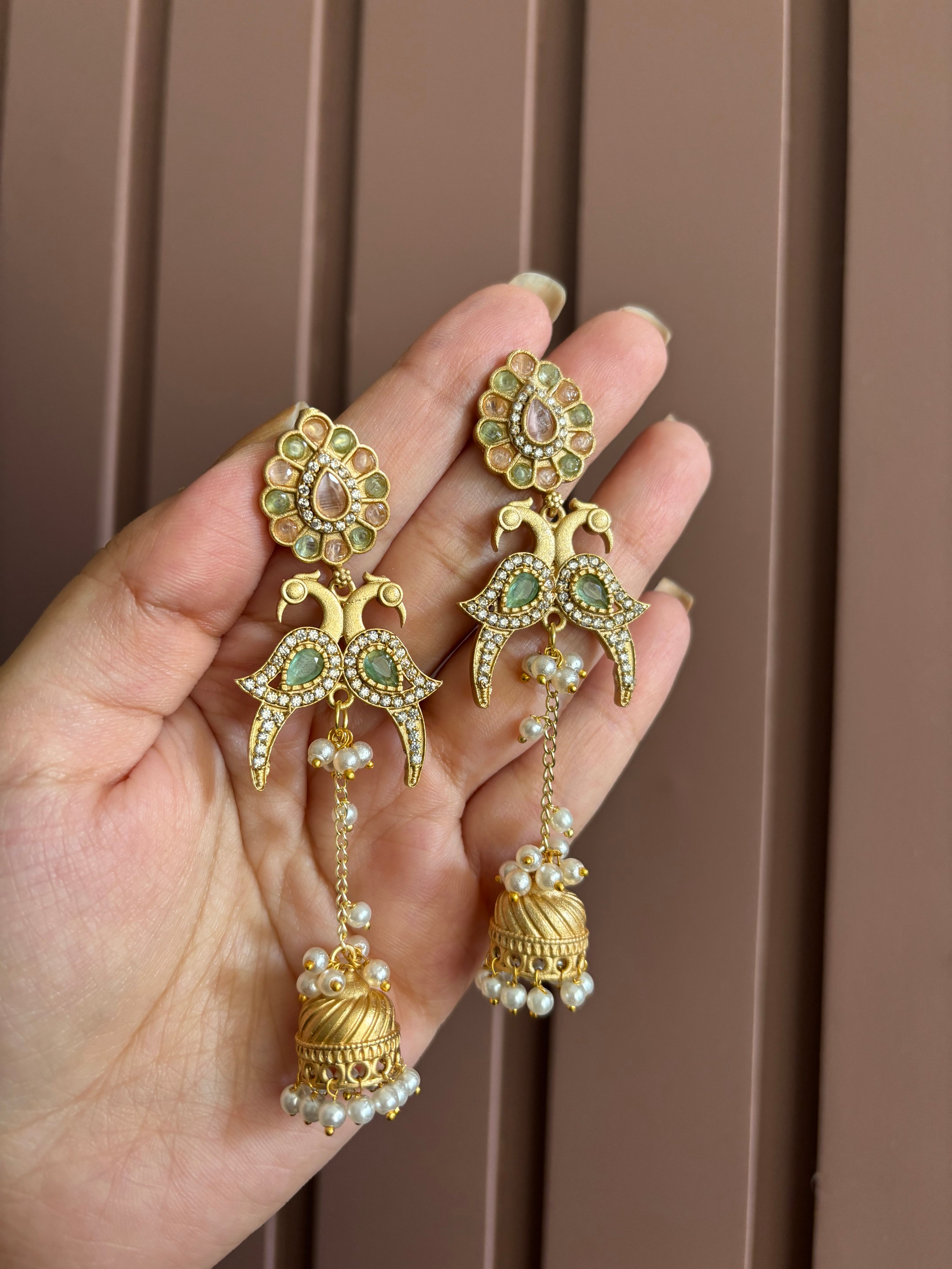 Mohini Brass Designer Earrings In American Diamond Touch (Pink & Mint)