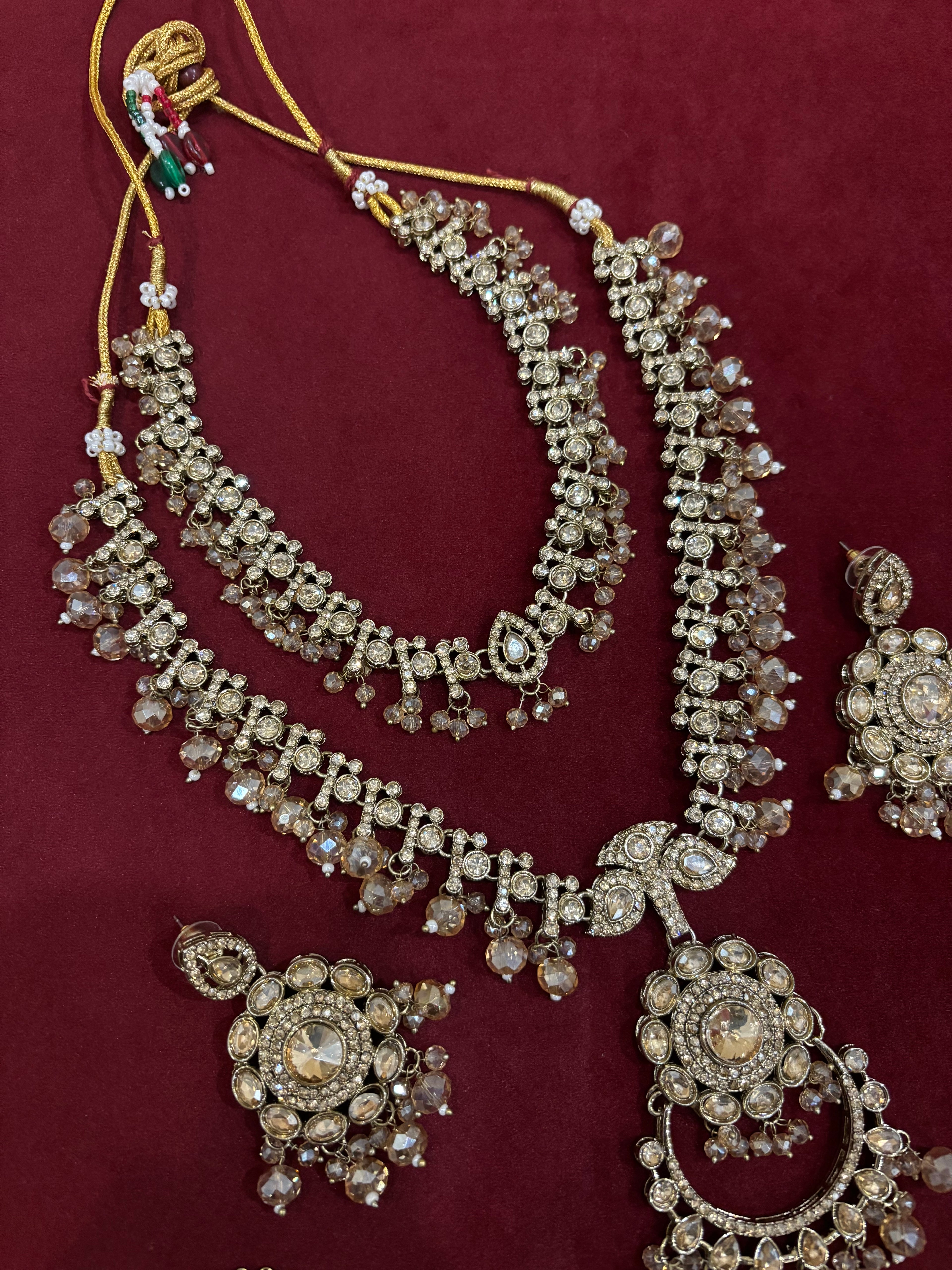 High Quality Designer Double Layer Statement Neckpiece With Mang Tikka & Earrings Full Champagne Color