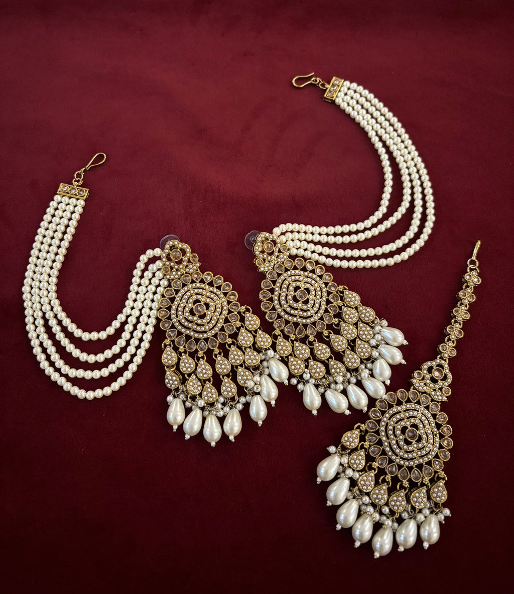 High Quality Designer Jadau Ivory Mang Tikka With Earrings In Layers With Side Layers