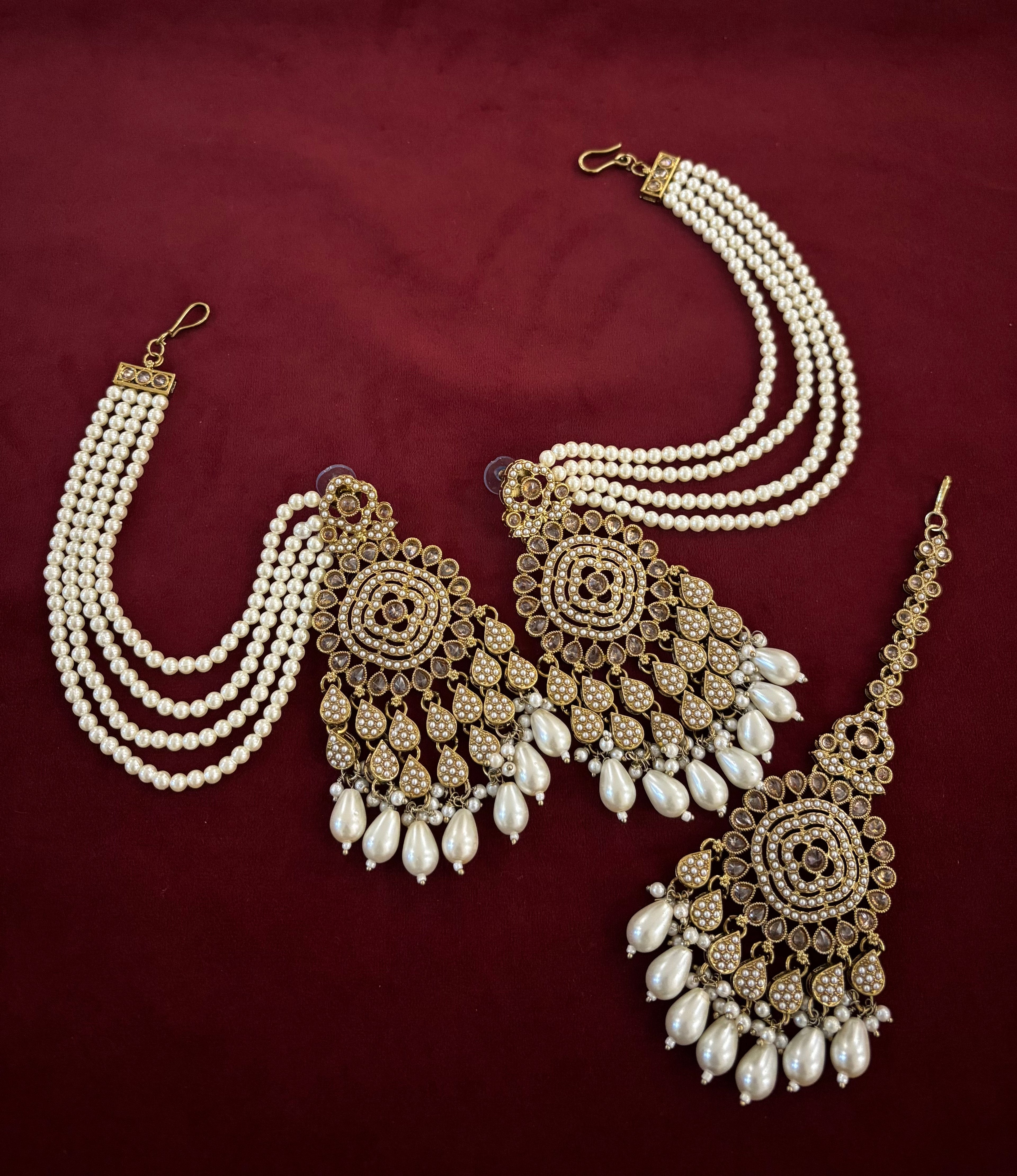 High Quality Designer Jadau Ivory Mang Tikka With Earrings In Layers With Side Layers