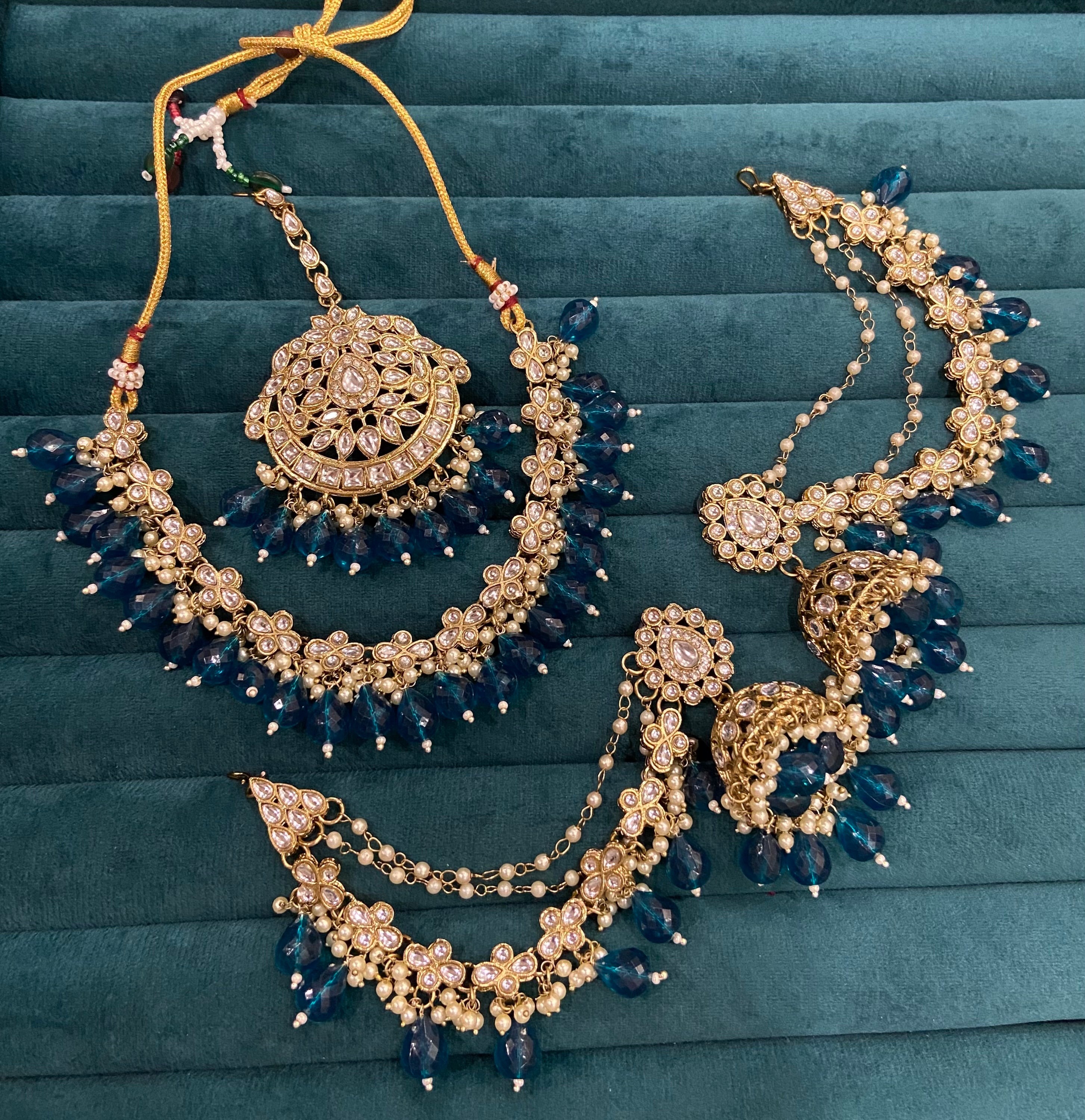 Zeenat Choker Set With Mang Tikka & Jhumkas With Side Layer ( Blue )