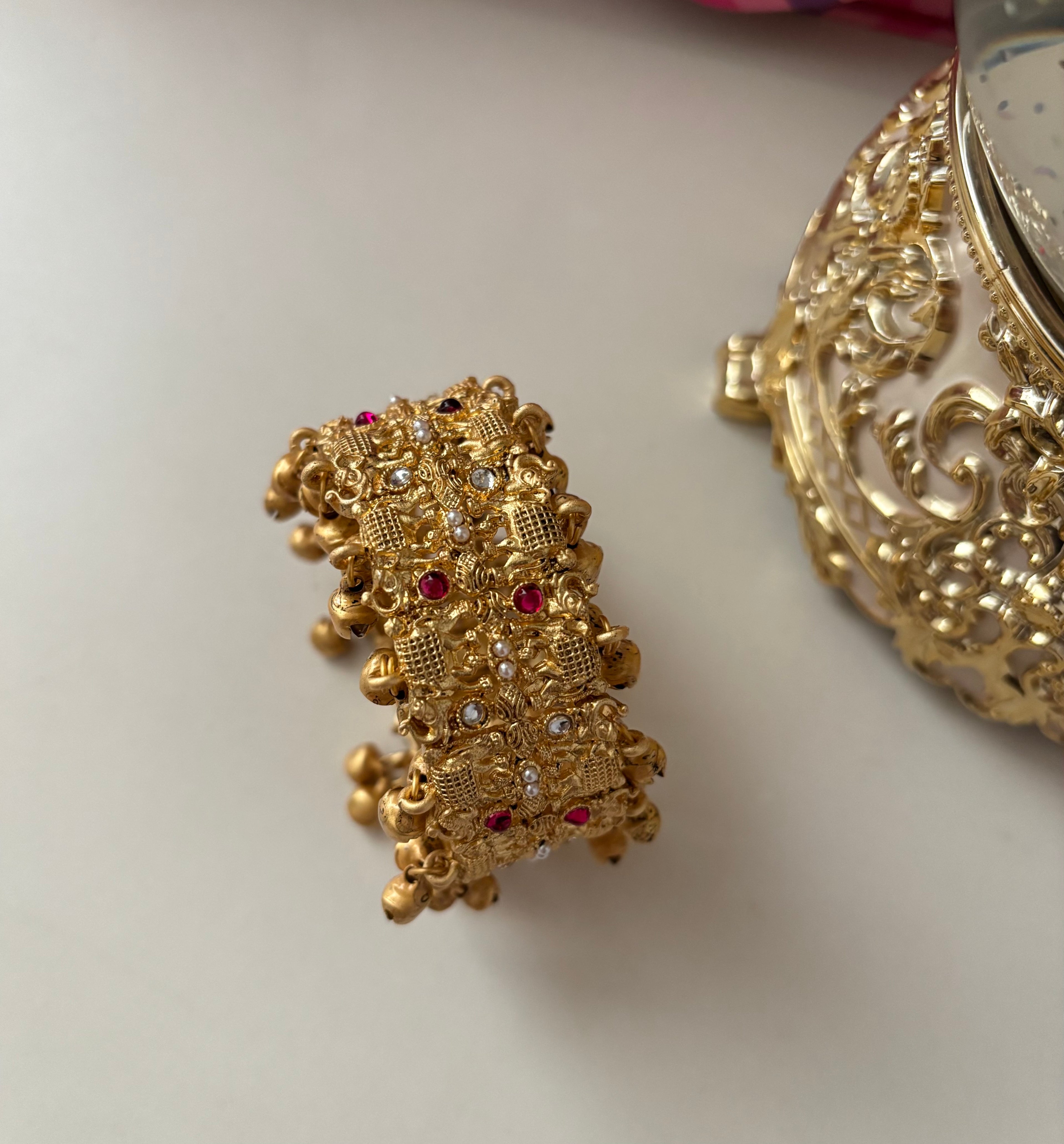 Pearls & Ghungroo Touch Adjustable Bracelet (Ruby)