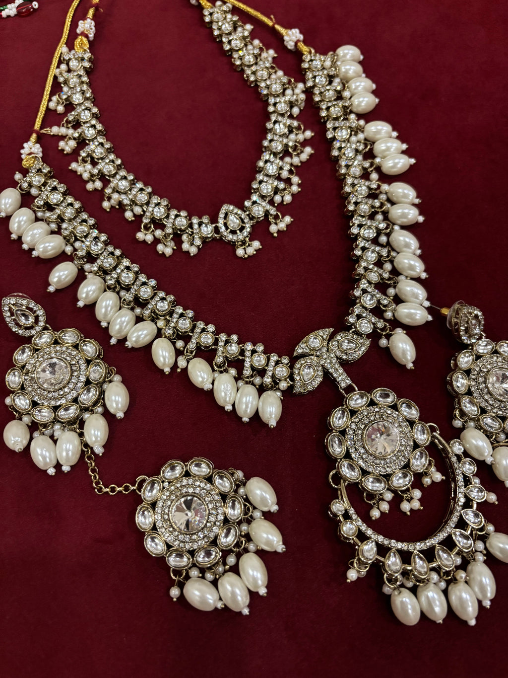 High Quality Designer Double Layer Statement Pearl Necklace With Mang Tikka & Earrings