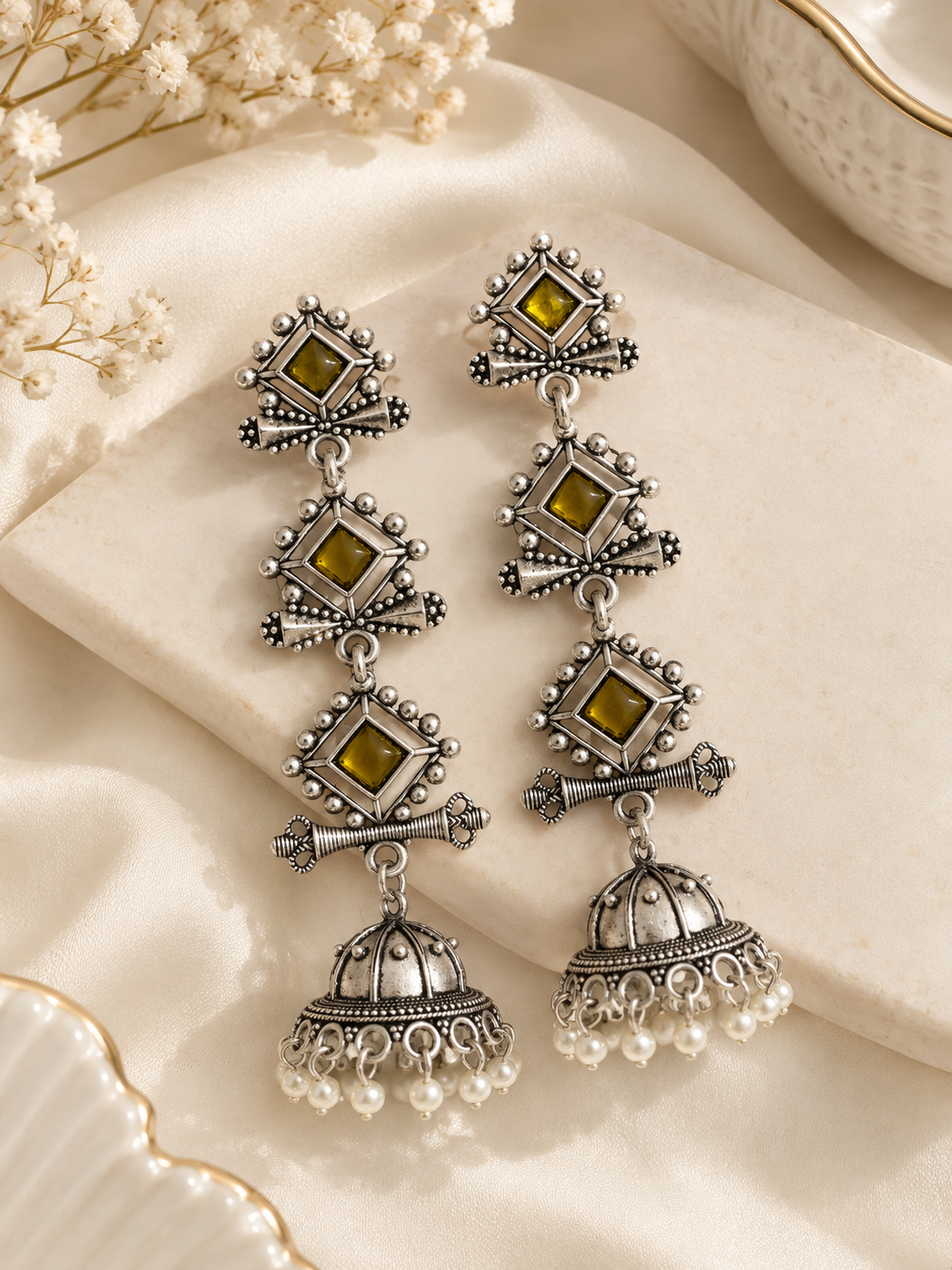 Aliya German Silver Jhumki (Olive)