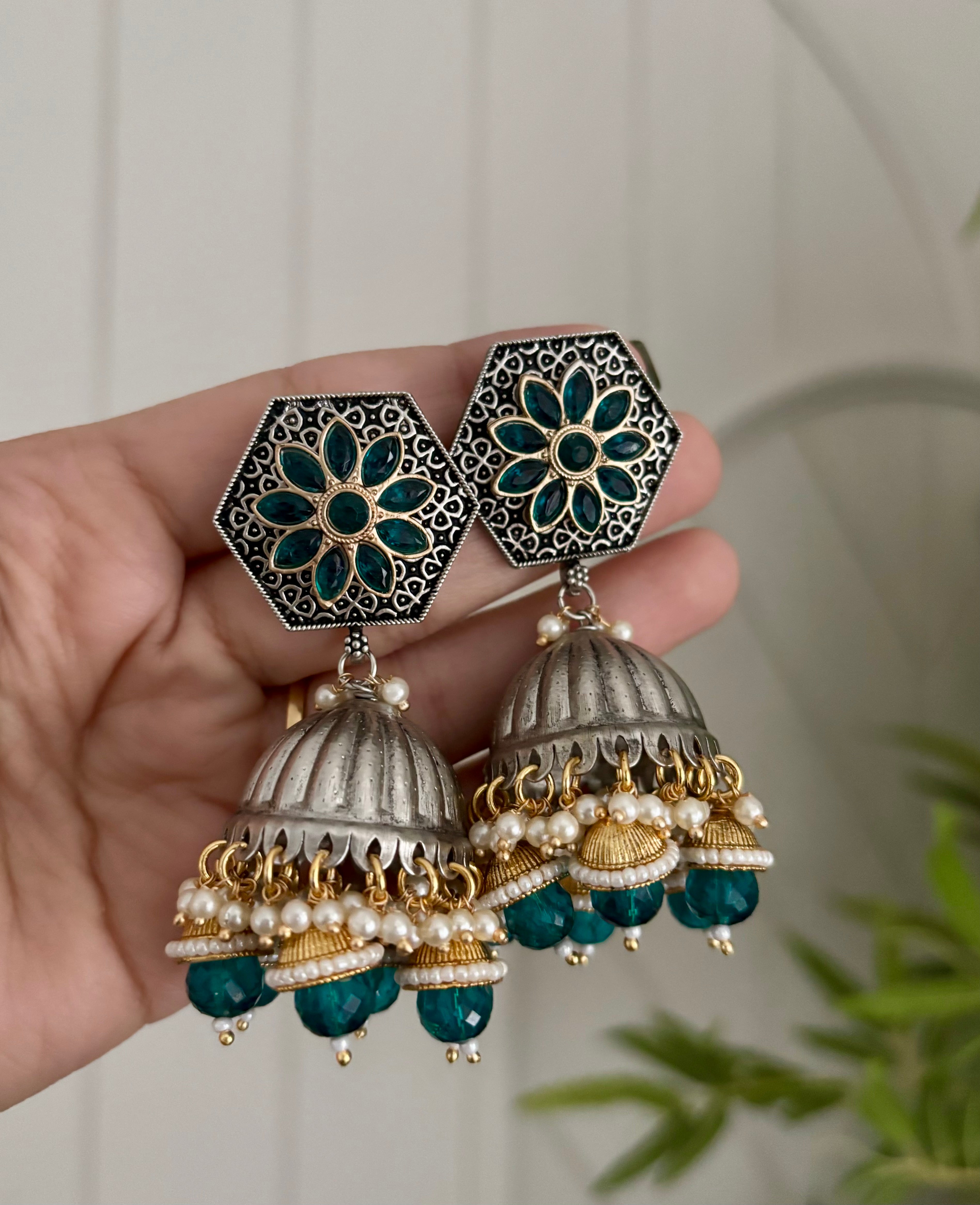 Silver & Golden Touch Jhumkas In Peacock Blue