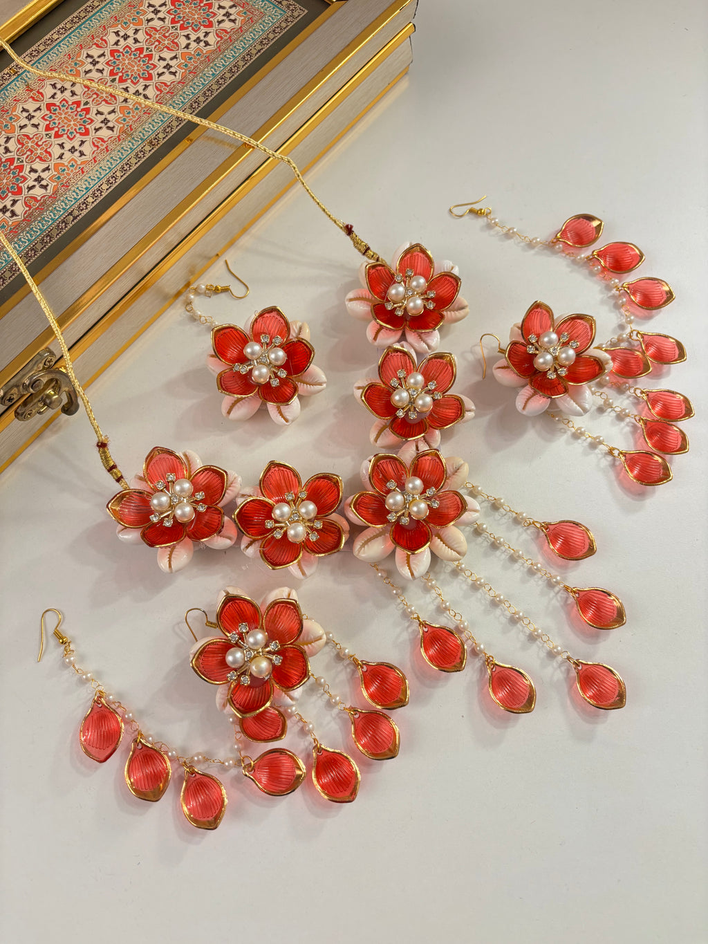 Rose Petal & Mogra Touch Necklace With Mang Tikka & Earrings With Side Layers (Red)