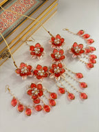 Rose Petal & Mogra Touch Necklace With Mang Tikka & Earrings With Side Layers (Red)