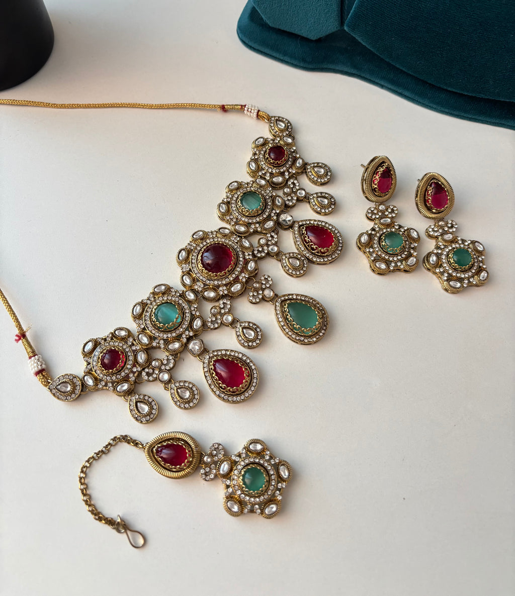 Princess Jasmine Turkish Necklace With Mang Tikka & Earrings (Ruby & Turquoise)