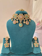 Princess Jasmine Turkish Necklace With Mang Tikka & Earrings (Pink & Mint)