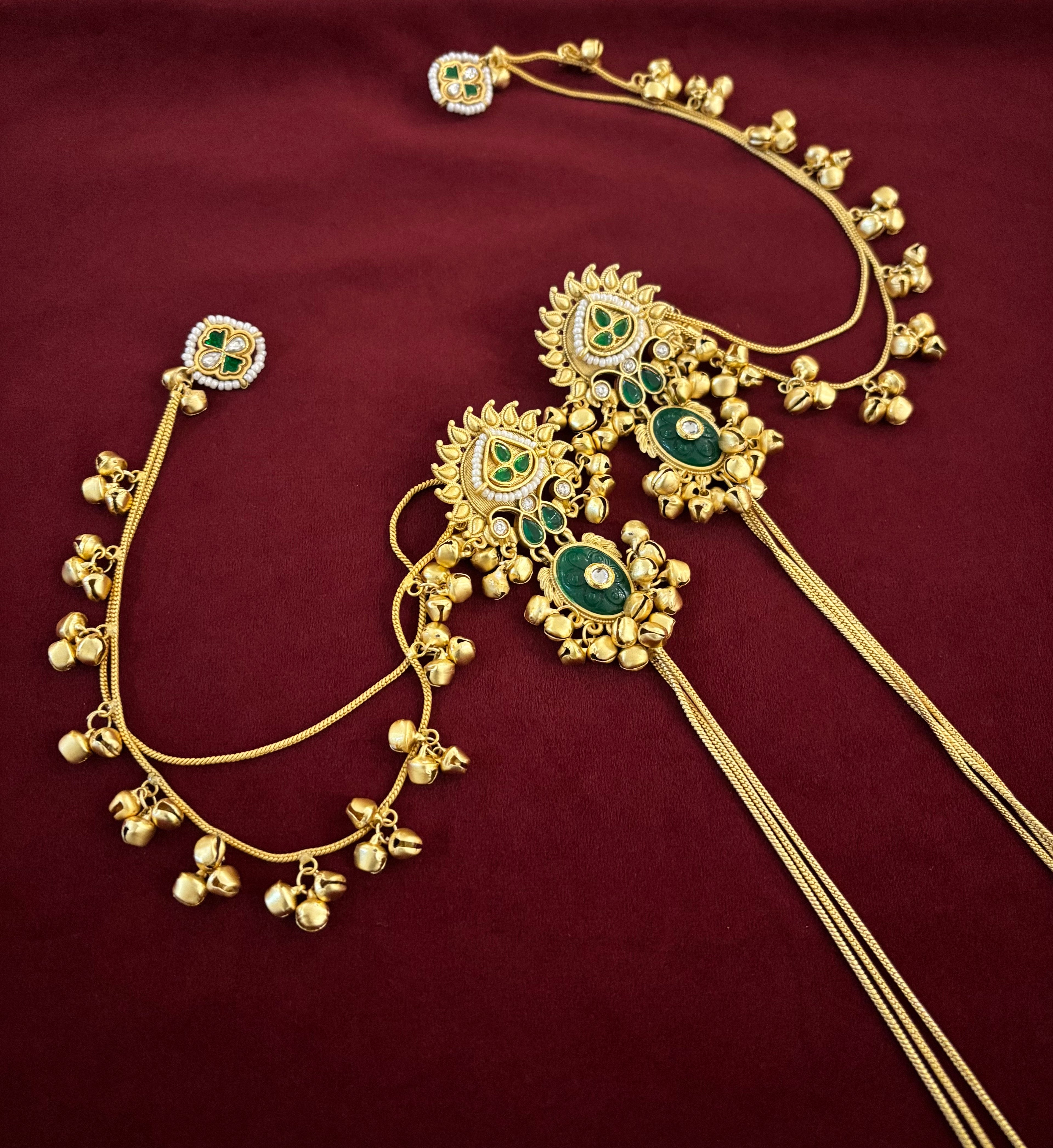 Priyanka Kashmiri Long Layer Earrings With Detachable Side Layer ( Green )