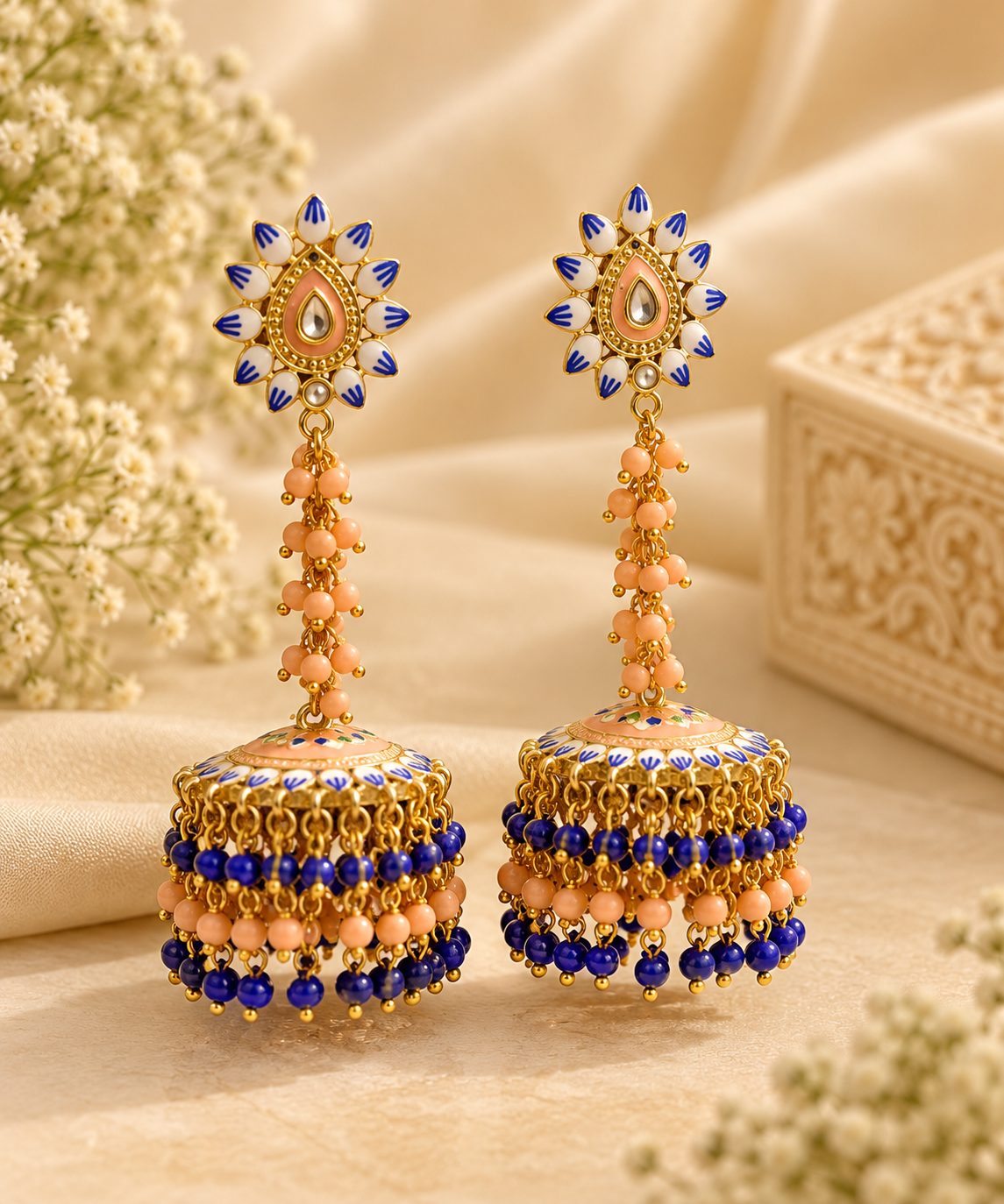 Pink & Blue Mix Meenakari Work Jhumkas