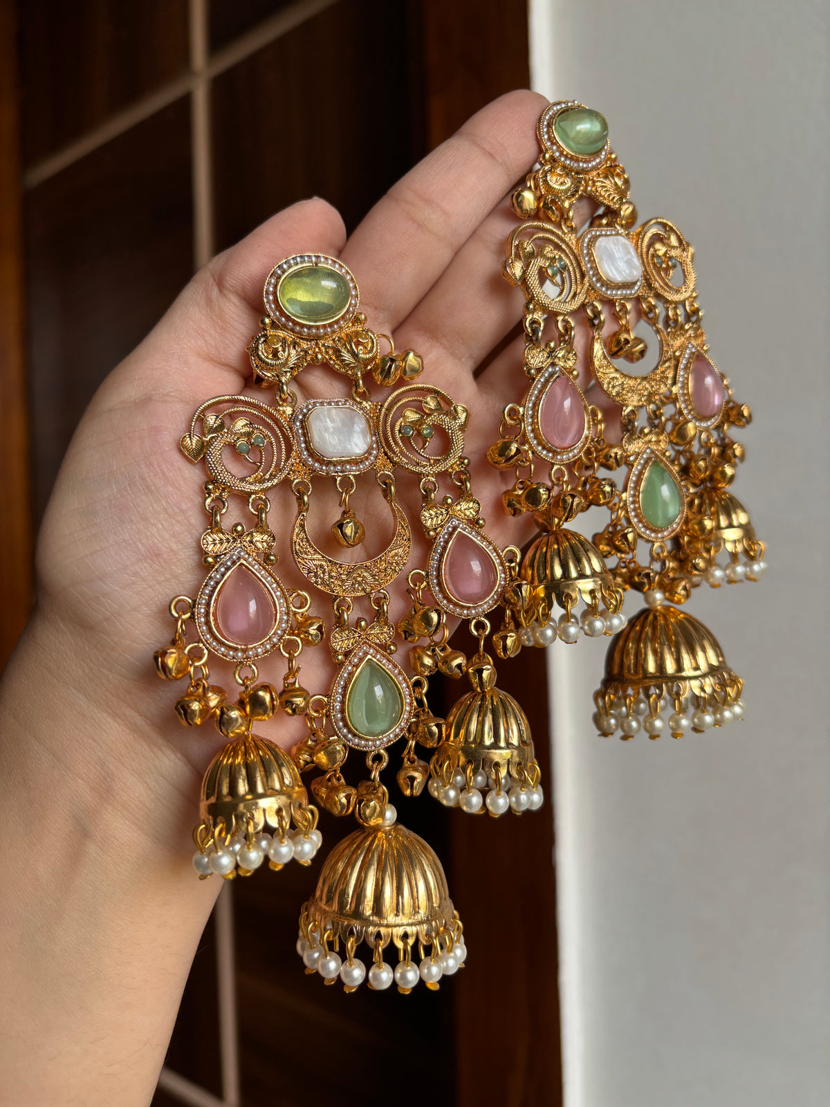 Vamika Long Kashmiri Earrings With Detachable Earchain (Pastel Shade)