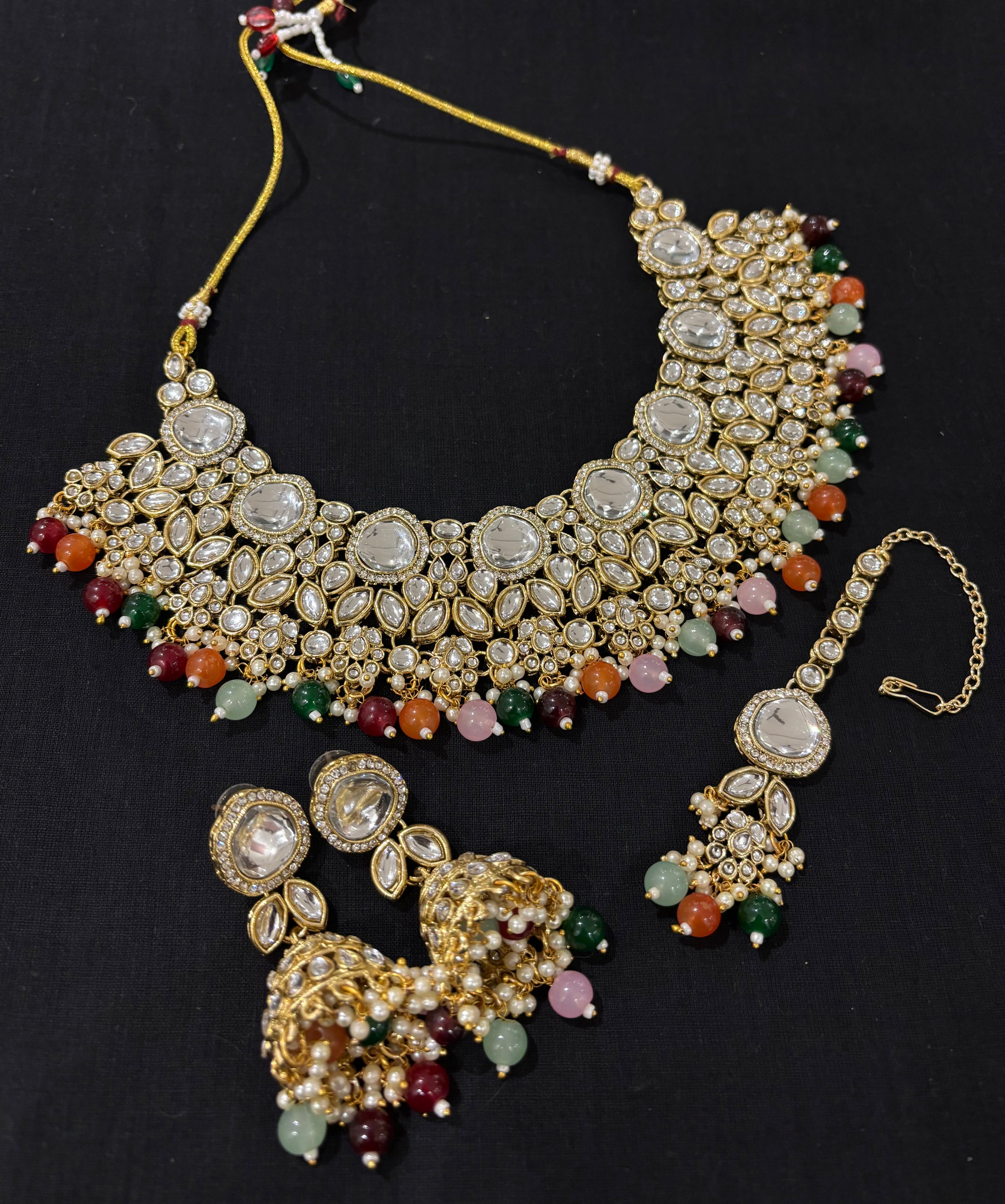 Aman Kundan Heavy Look Necklace With Mang Tikka & Jhumkas ( Multi )
