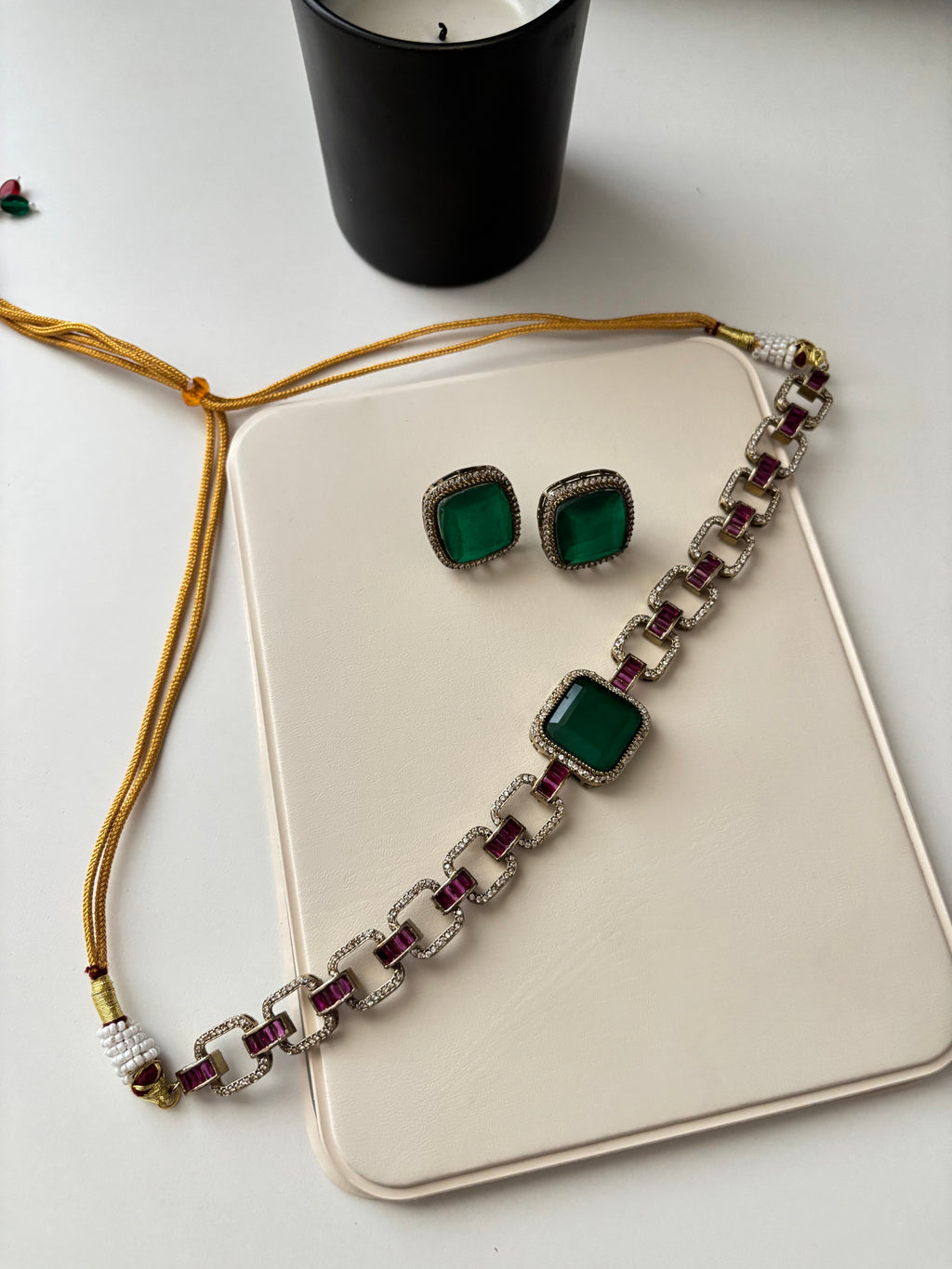 Sabyasachi Inspired Doublet Stone Work Choker With Studs (Green)