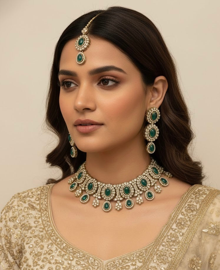 High Quality Designer Bold Peacock Blue Choker With Mang Tikka & Earrings