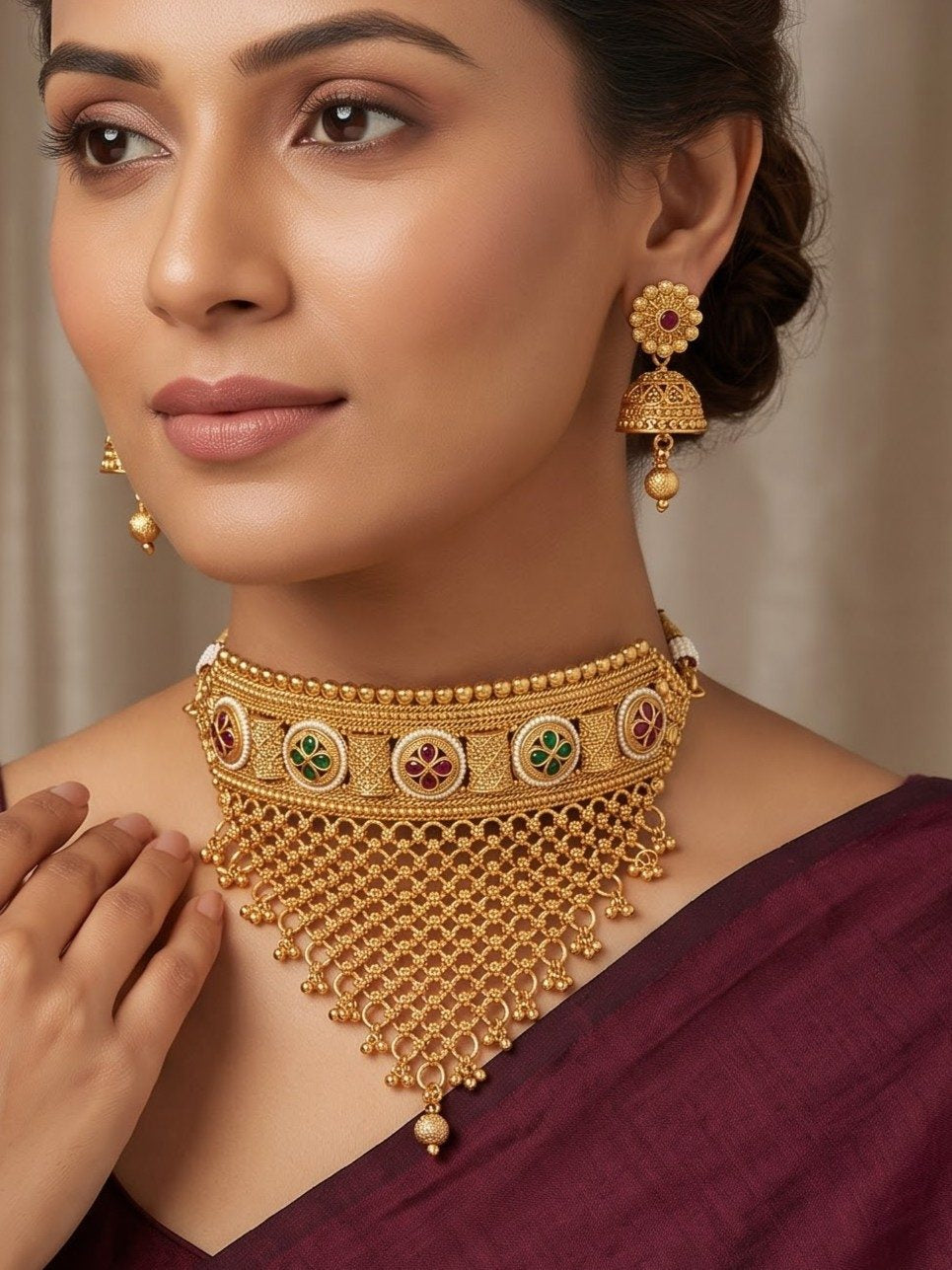 Premium Gold Look Like Choker Set With Jhumkas Design-23