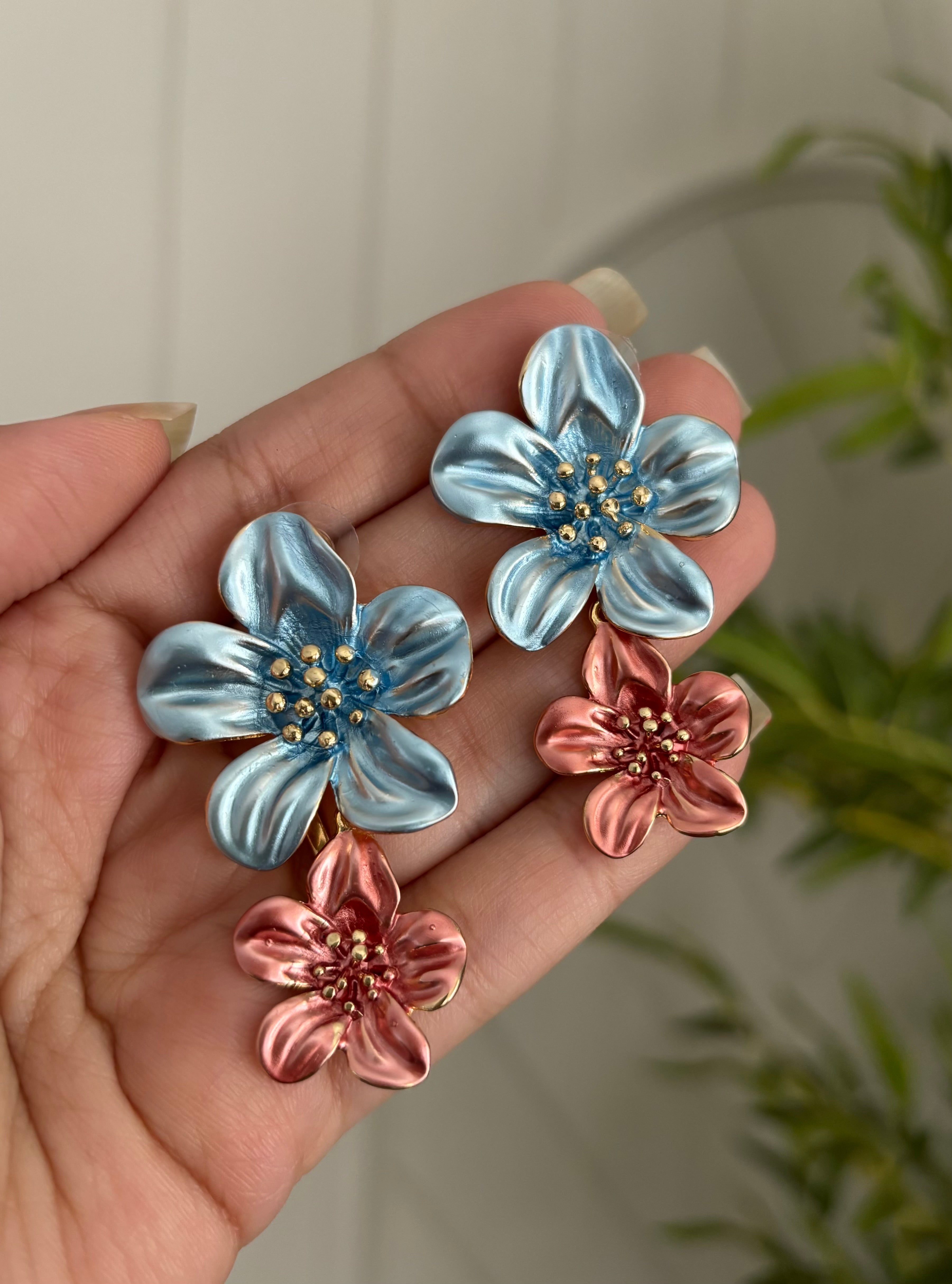 Sky Blue & Copper Double Tone Flower Earrings