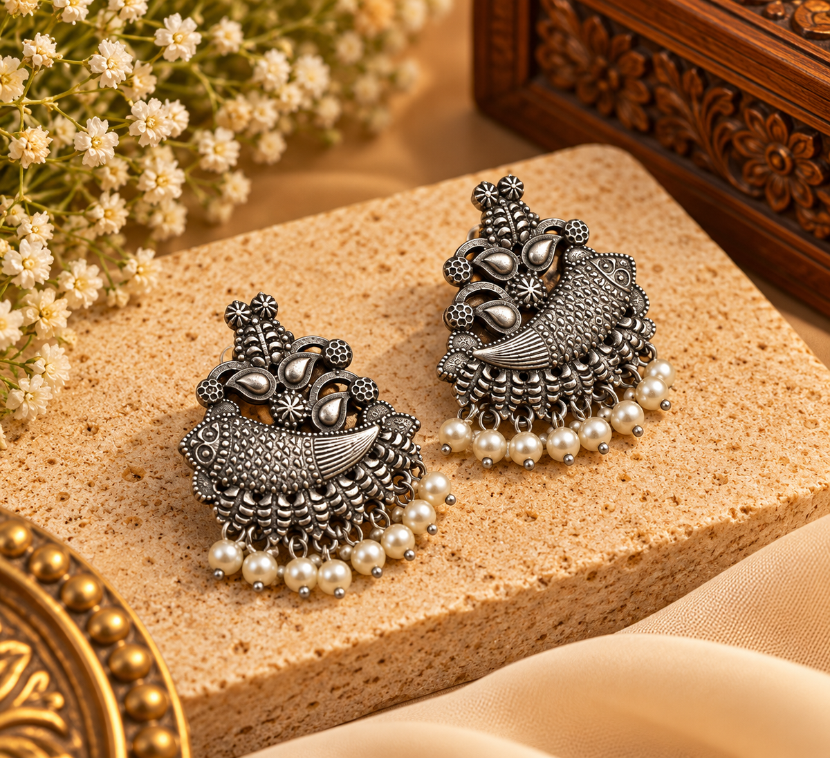 Silver Earrings With Pearls Touch