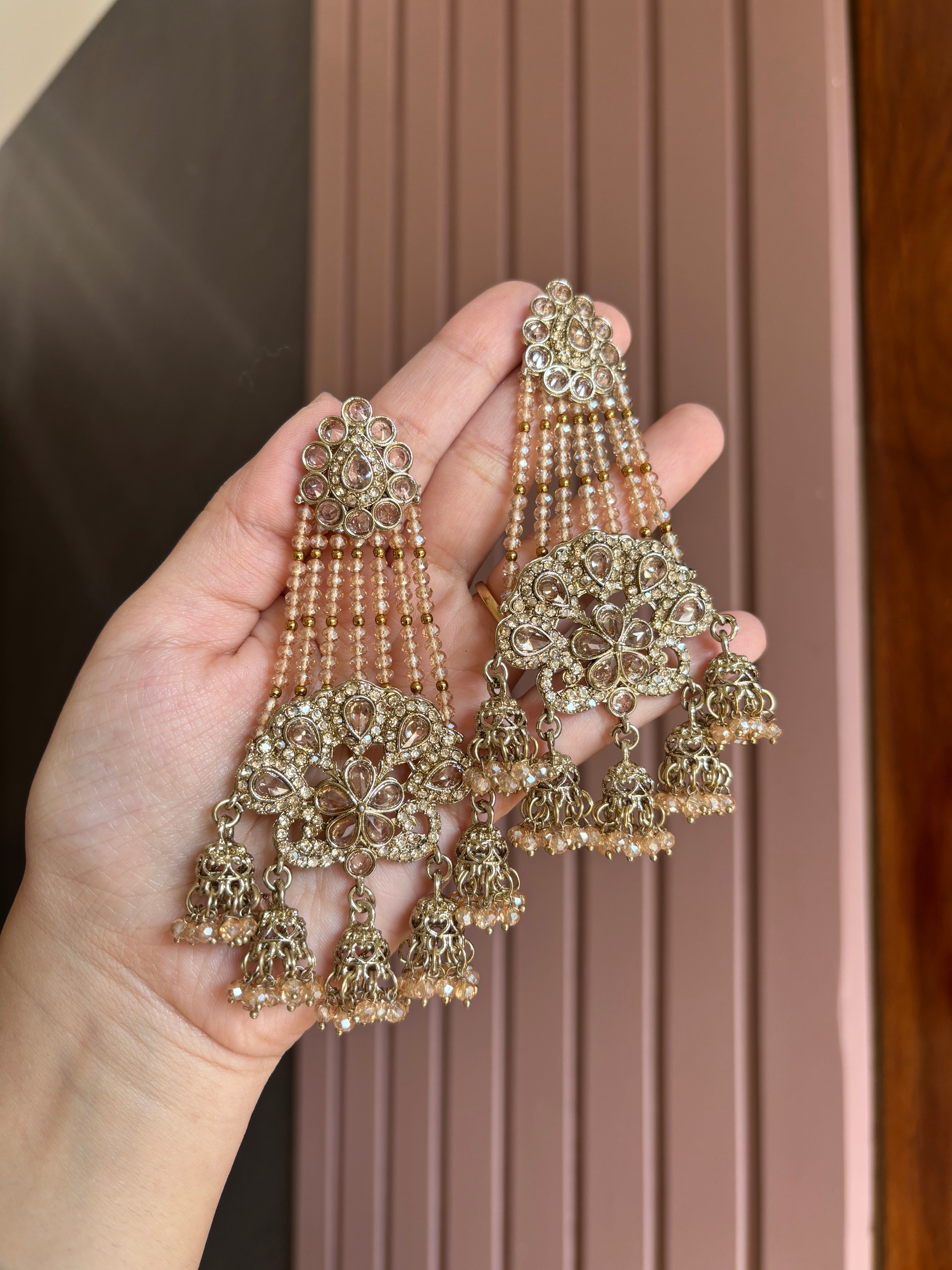 High Quality Designer Champagne Long Earrings With Jhumkas Touch