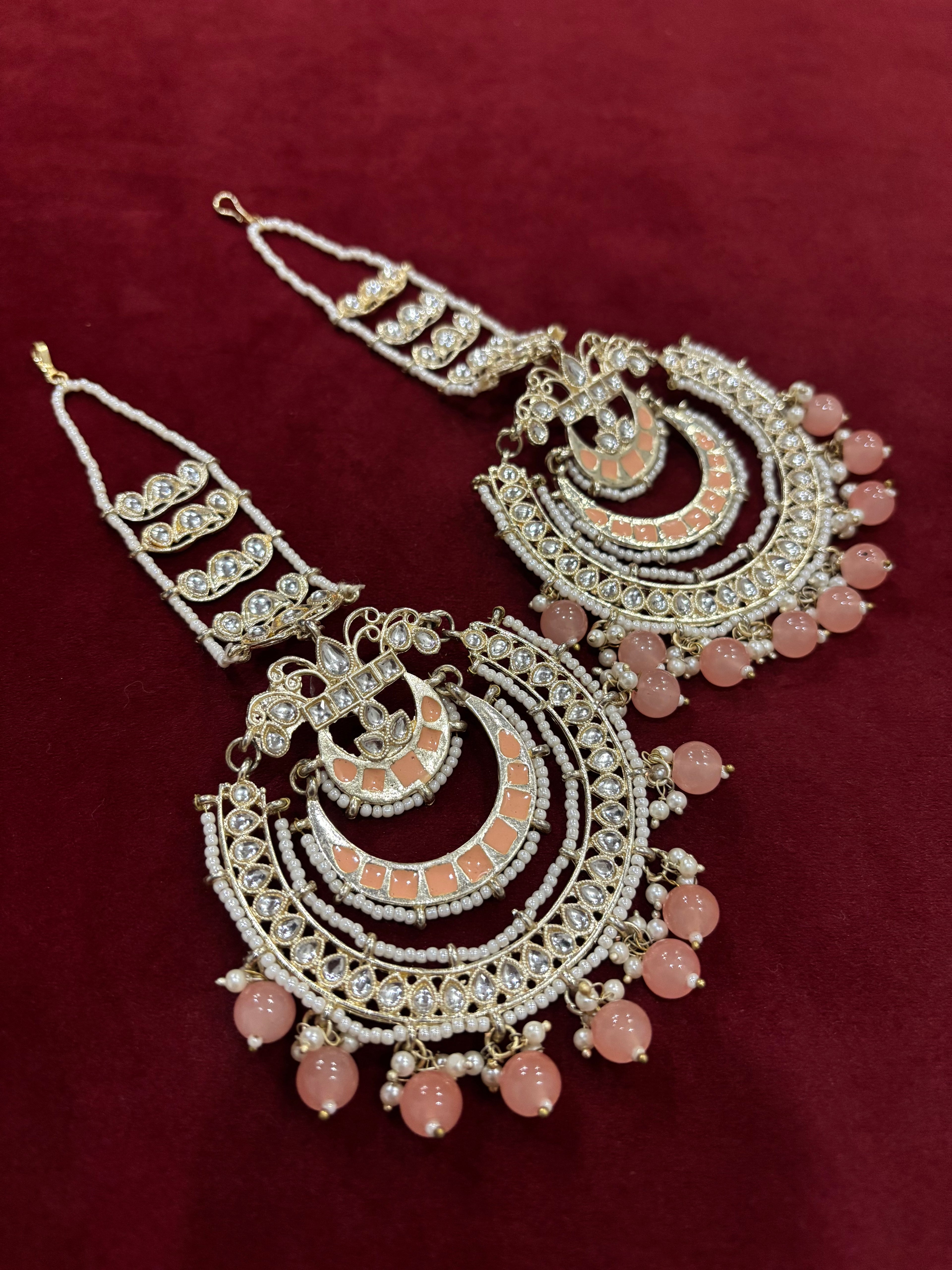 High Quality Designer Peach Oversized Chandbali Earrings With Sahara