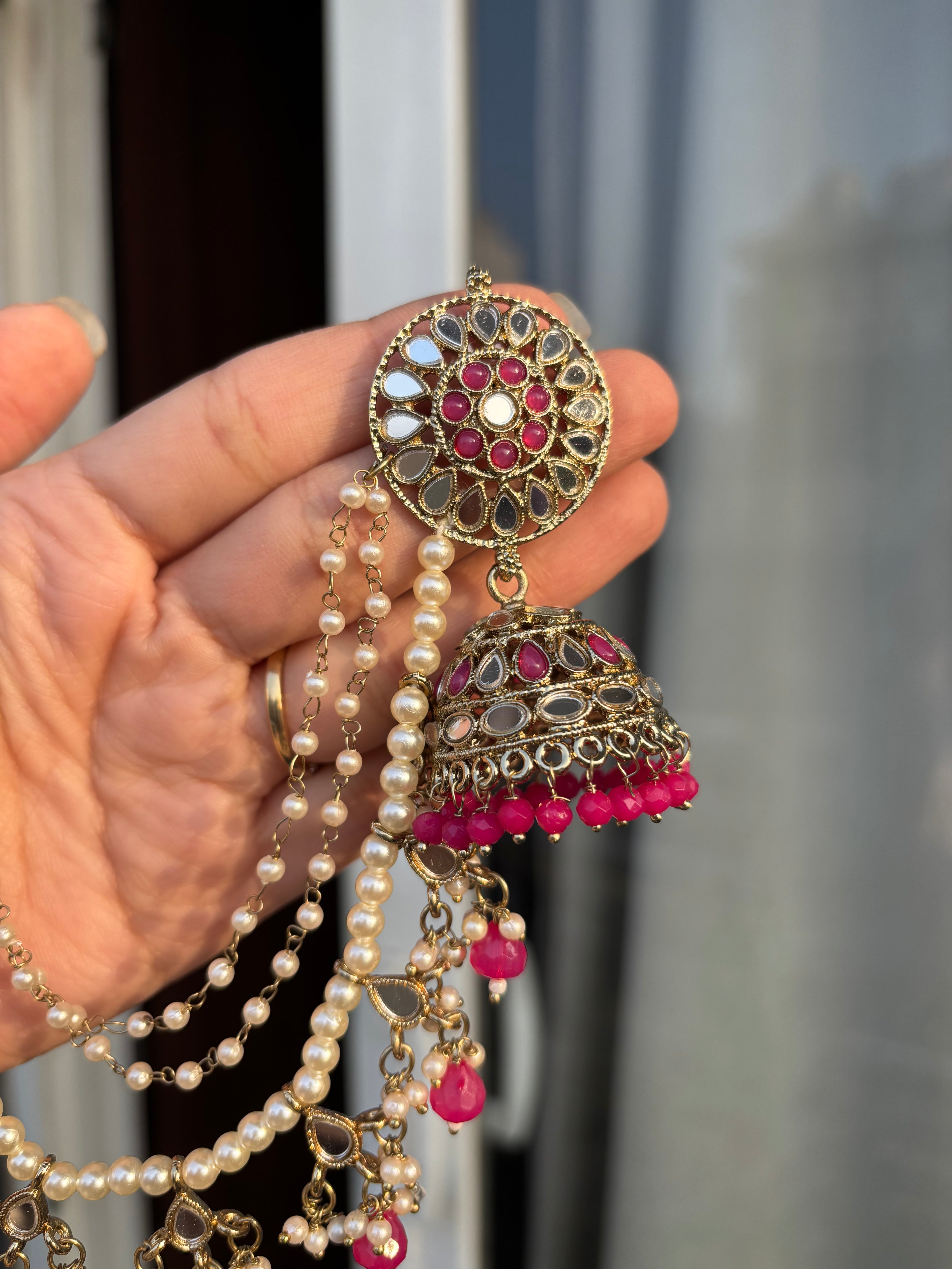 Nancy Mirror Cut Mang Tikka With Jhumkas & Side Layers ( Dark Pink )