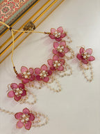 Flower Petal Floral Necklace With Mang Tikka & Earrings (Pastel Pink)