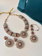 Royal Kundan Hasli Look Necklace With Mang Tikka & Earrings (Maroon)