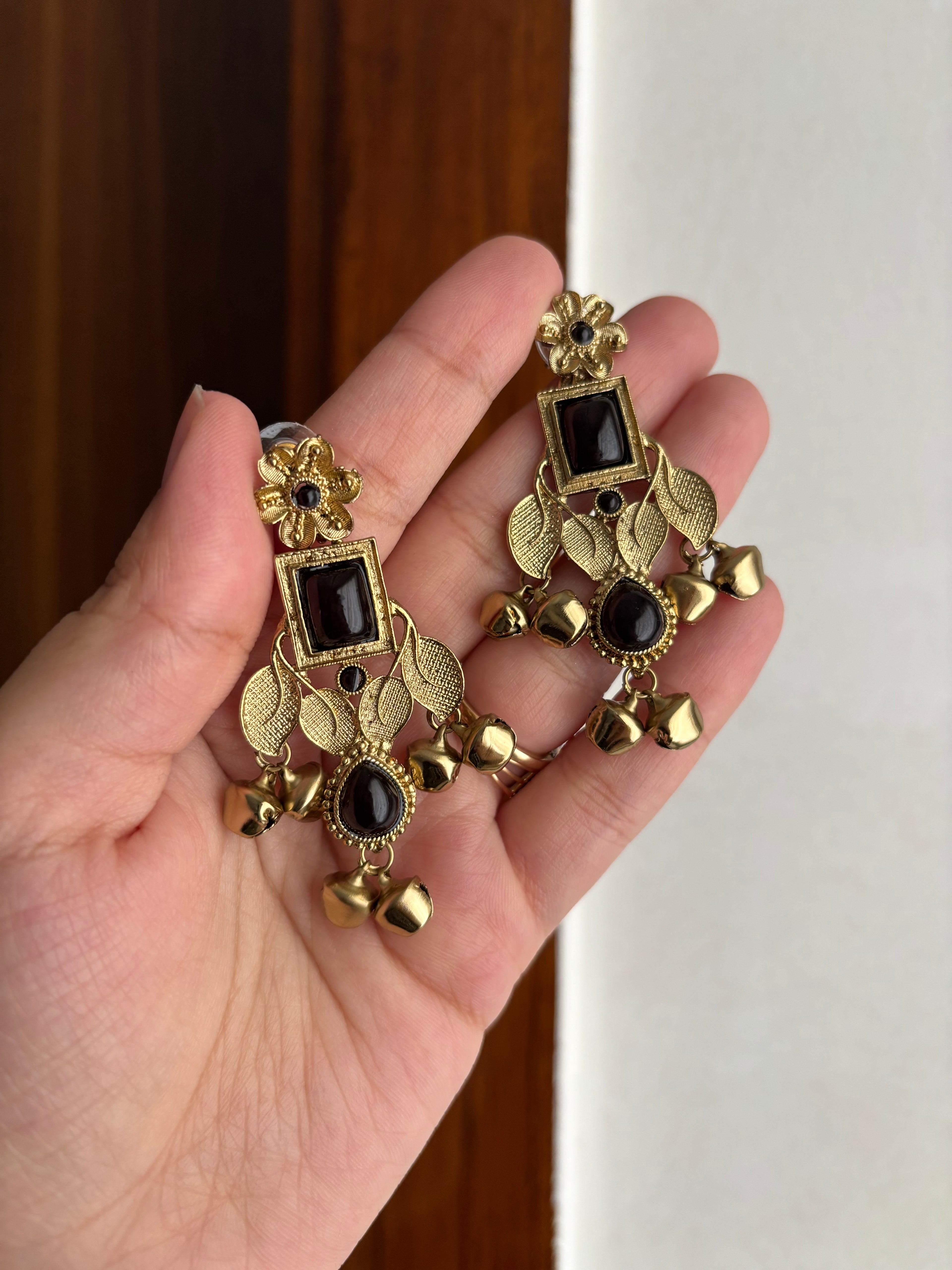Flower Leaf Designer Earrings (Black)