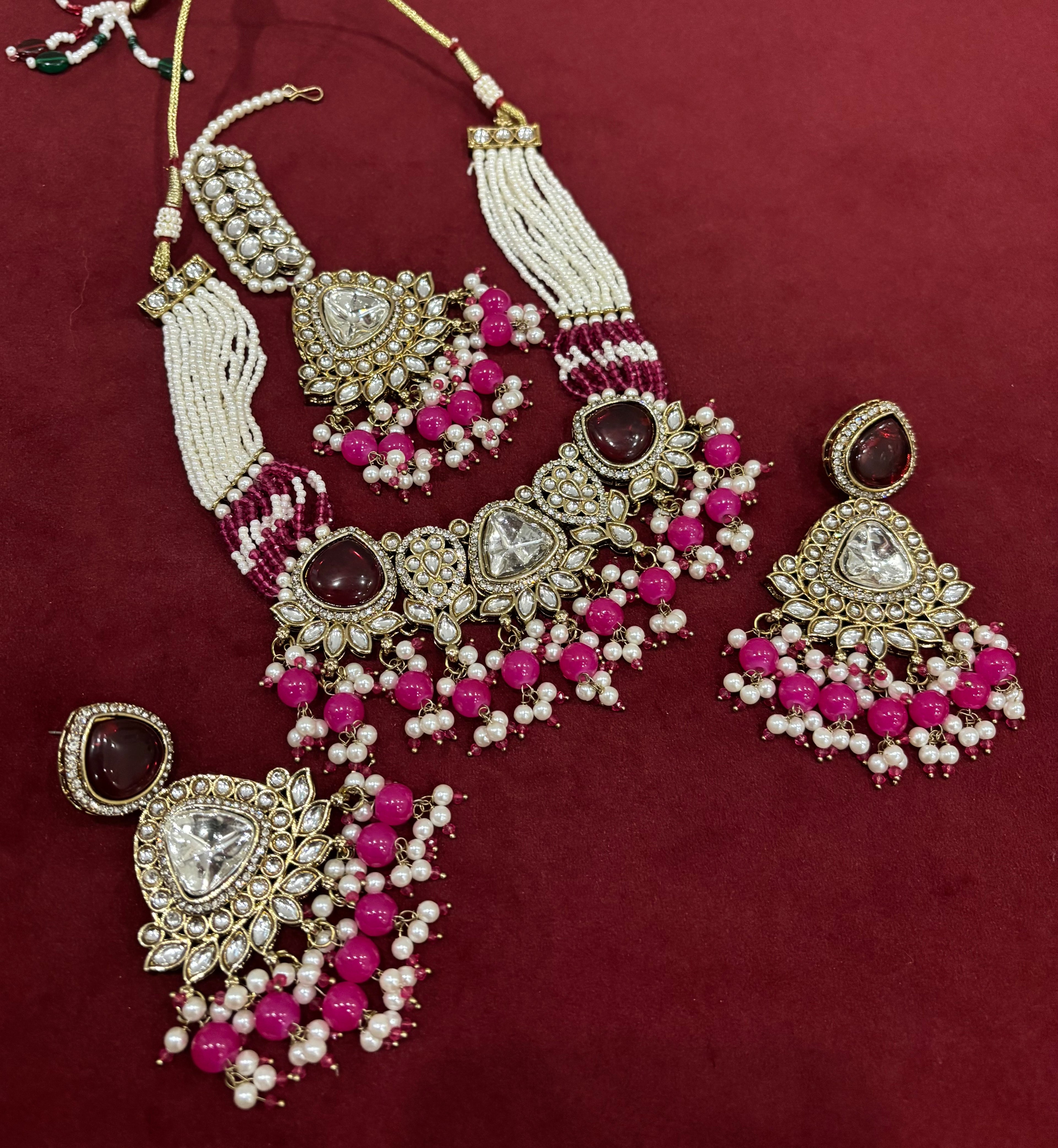 Dark Pink Navneet Heavy Look Choker Set With Mang Tikka & Earrings