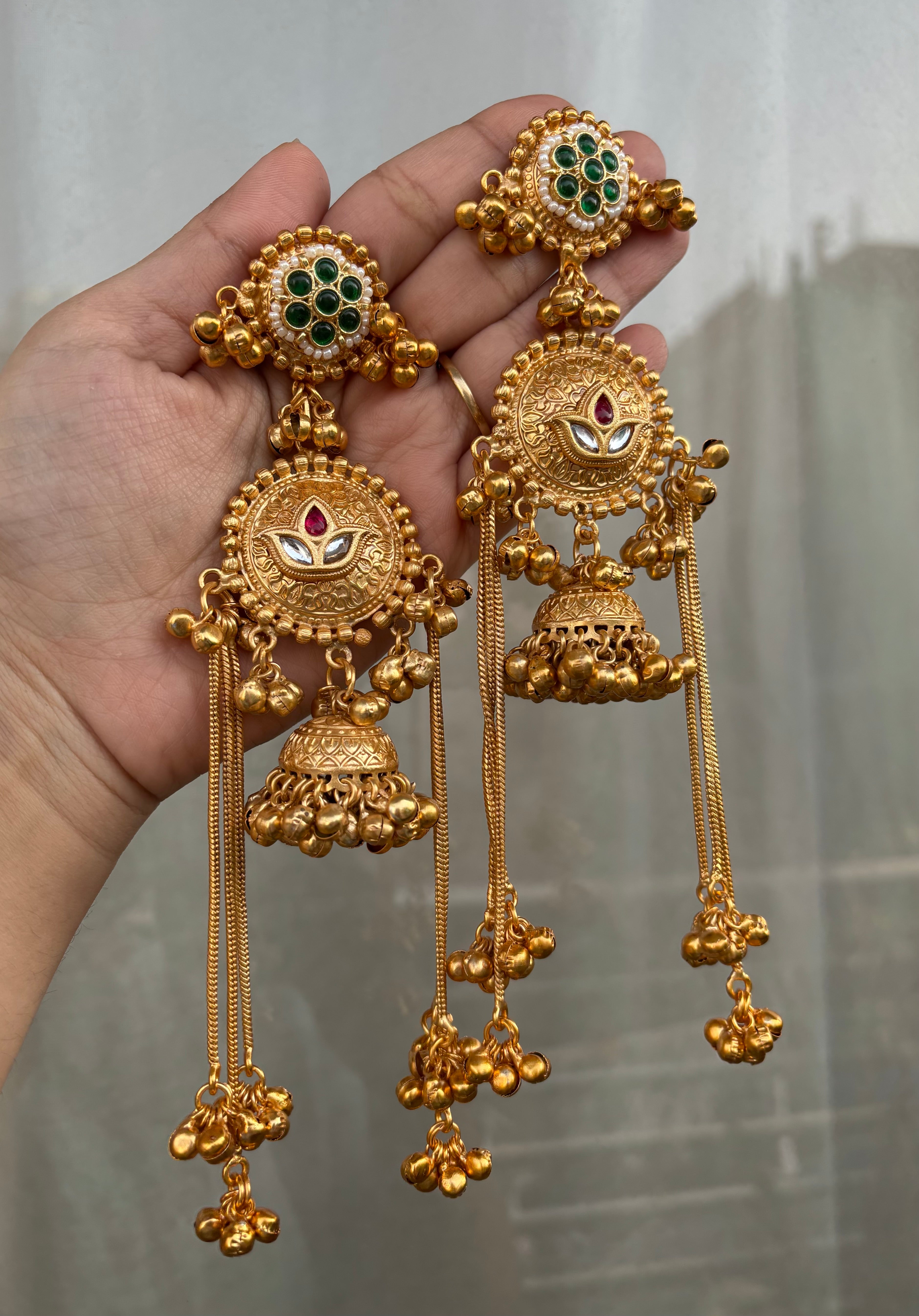 Green Round Heavy Look Kashmiri Long Earrings