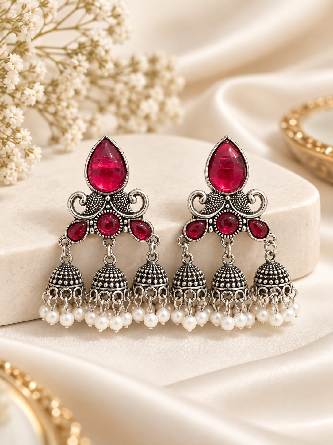 Dipti 3 Jhumki Touch Silver Earrings (Pink)