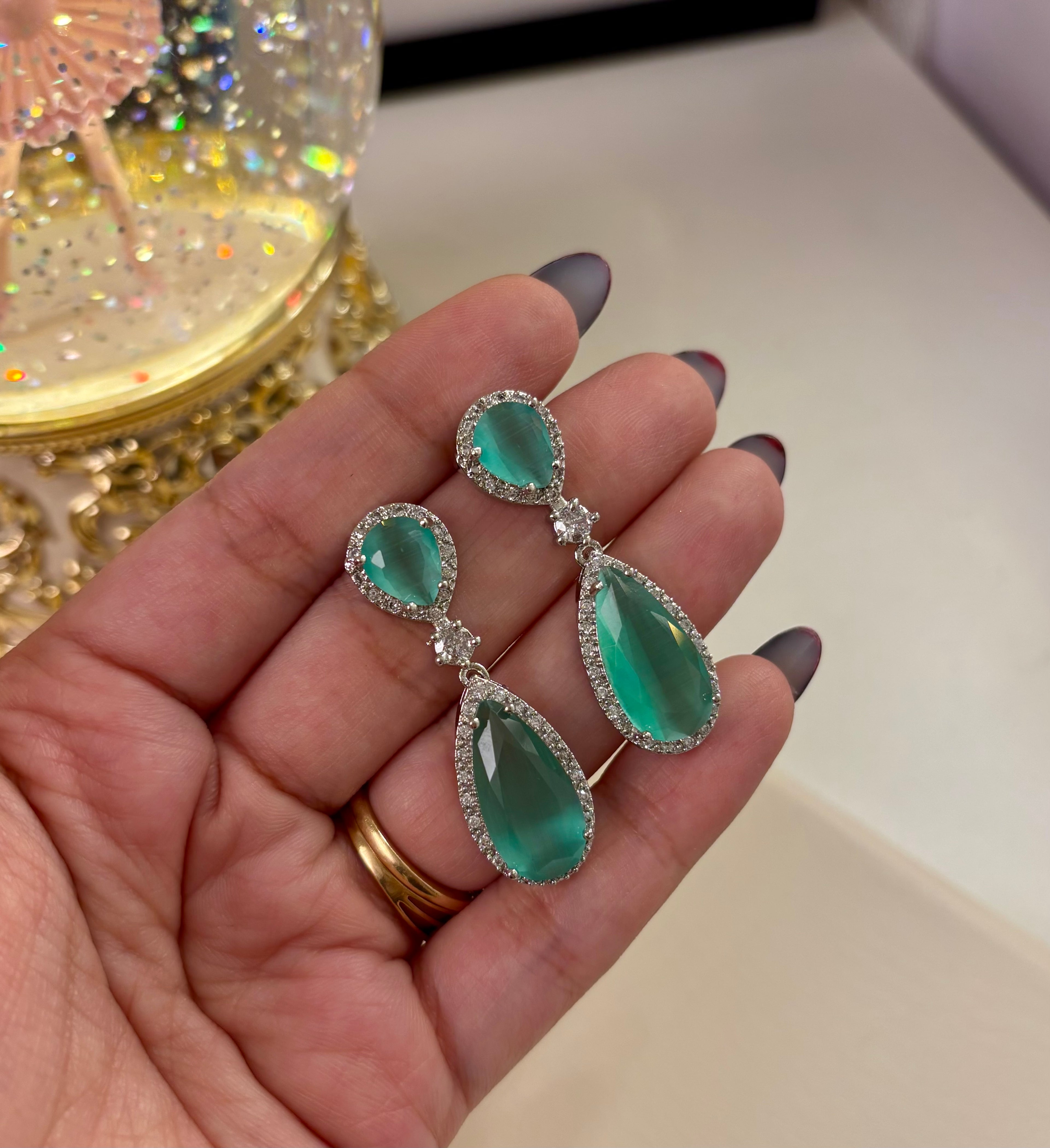 Elegant Drop American Diamond Mint Earrings